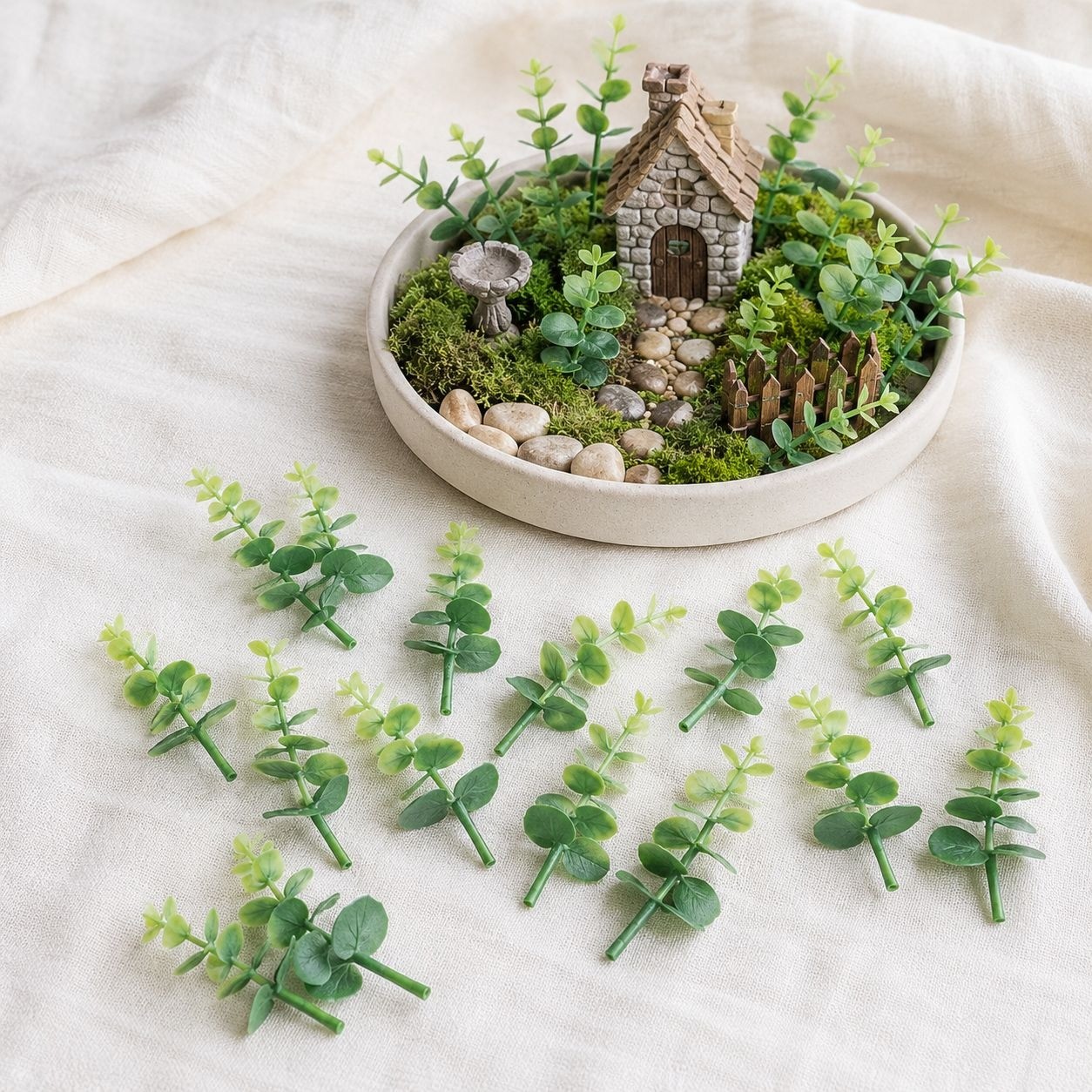 Mini Green and Cream Eucalyptus Sprigs Set of 23, 5 Inch Soft Touch Faux Greener