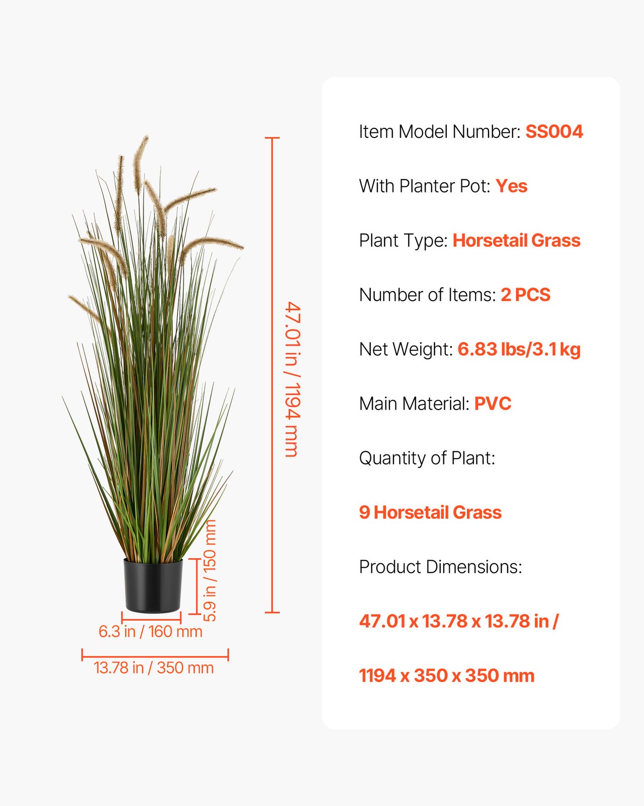 VEVOR Artificial Grass Plant 47 Inch Horsetail Reed Grass In Pot 2 Pack Green