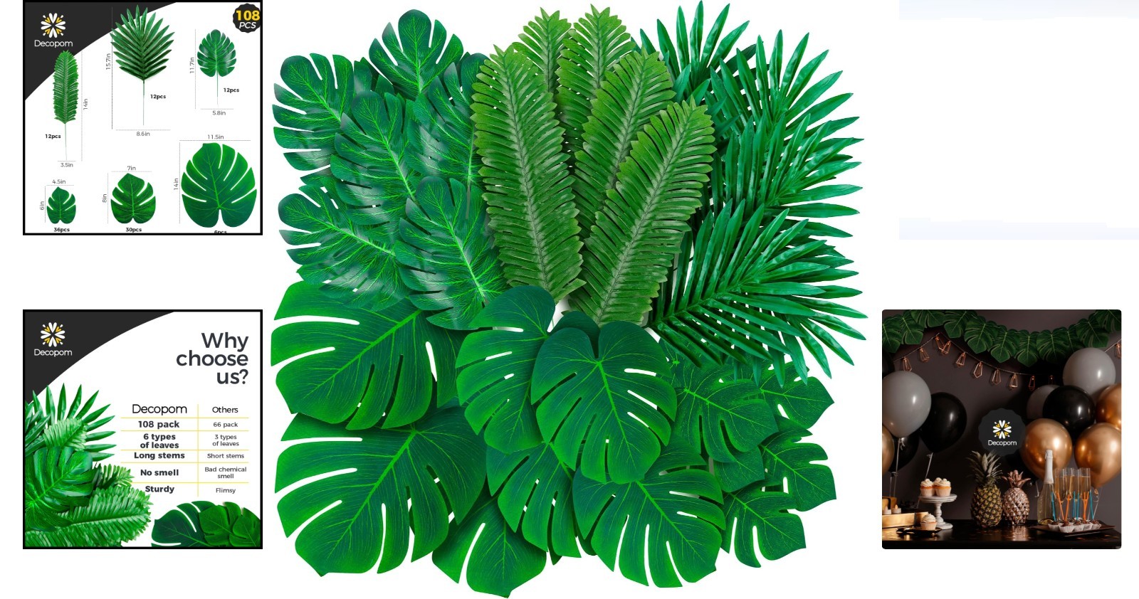 108 Pack Artificial Palm Leaves Tropical Monstera Large Small Green Fake Leav…