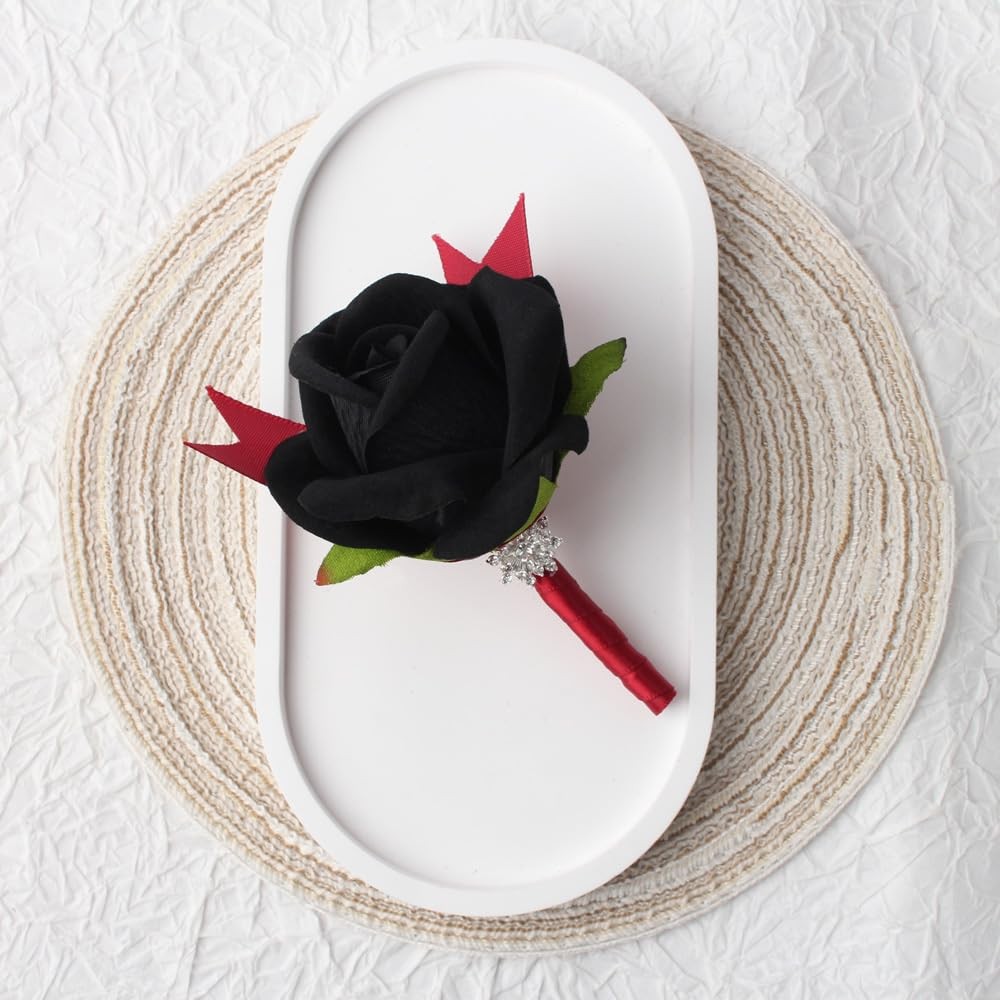 2 PCS Red Black Rose Wrist Corsage Boutonniere Set Wedding Prom Party Decor