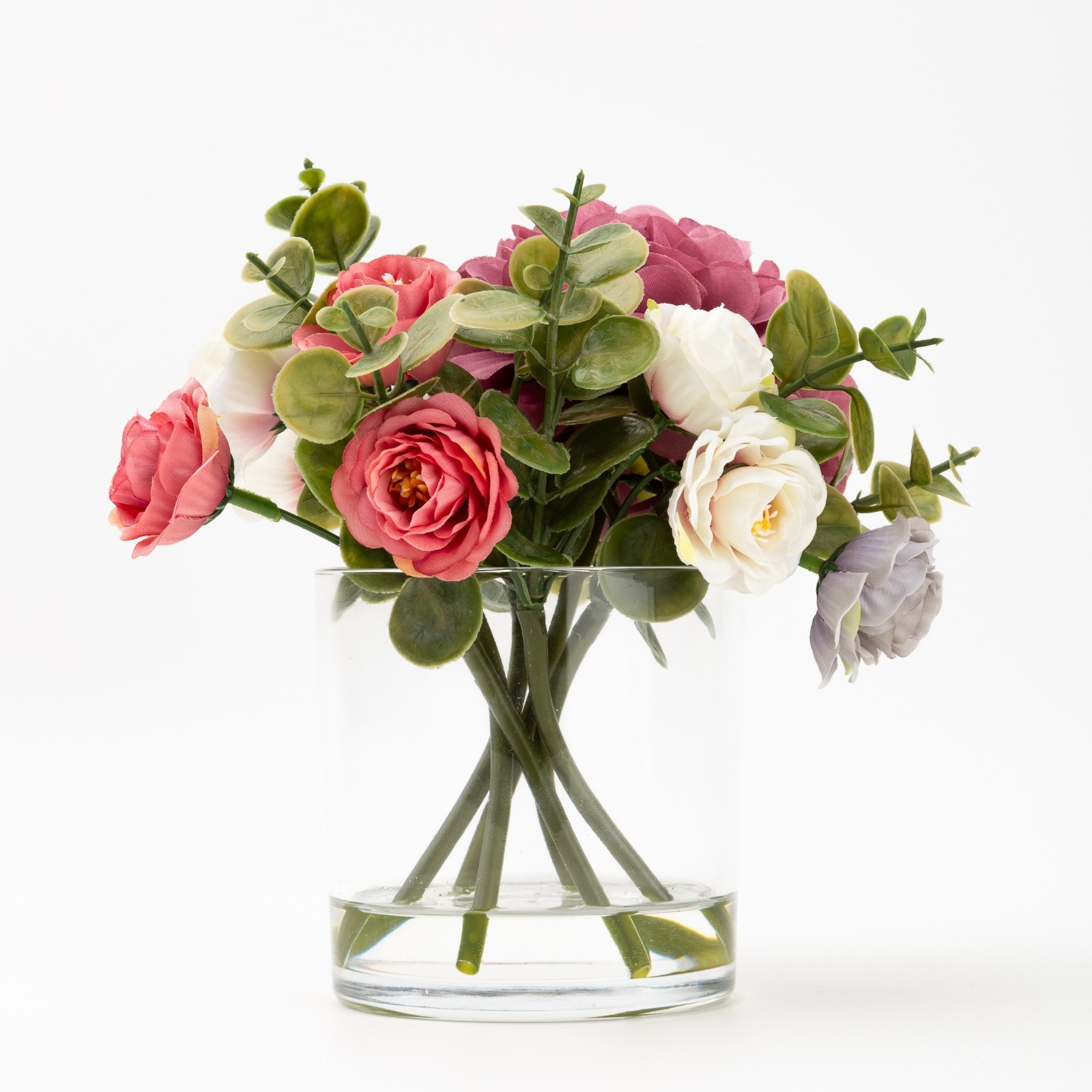 (4 pack) Mixed Faux Hydrangea Arrangement in Clear Glass Vase