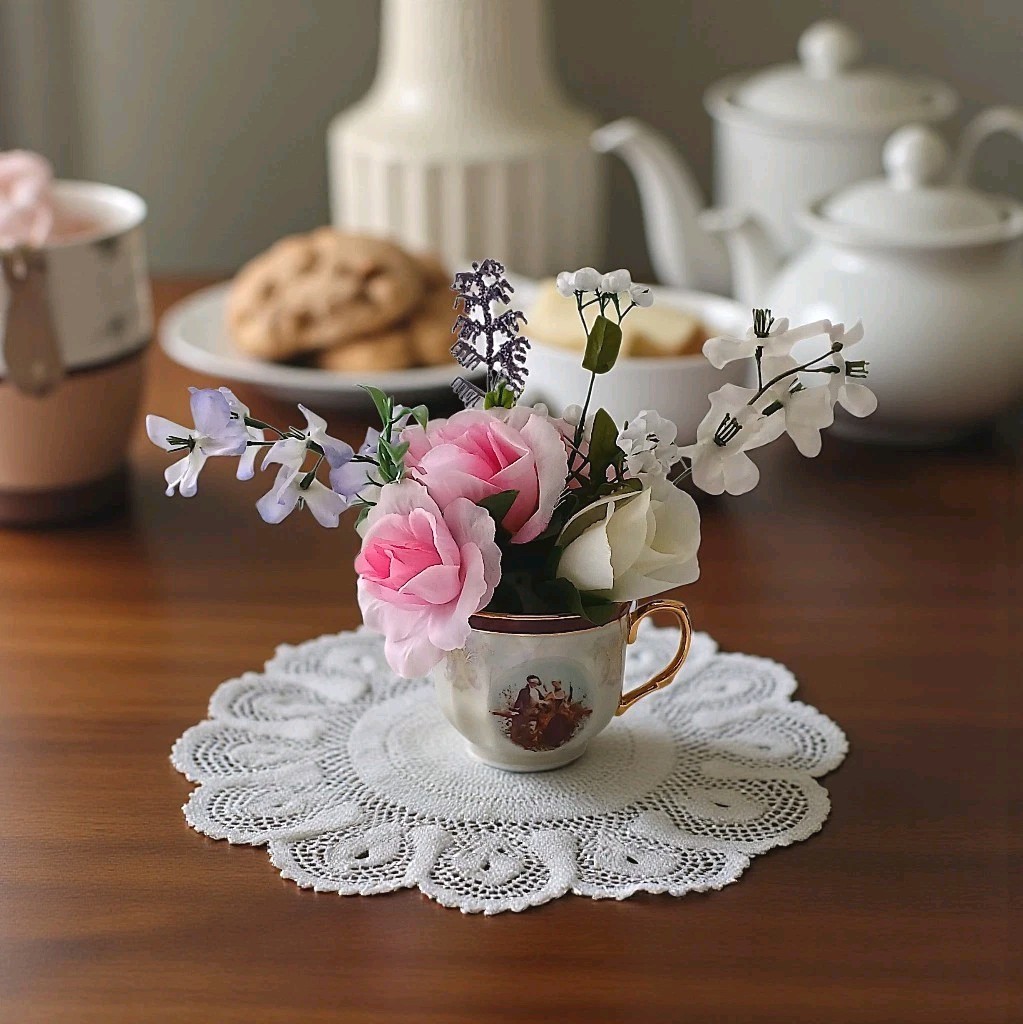 Tea Party Floral Arrangement Pink White Roses POP-IN Bridal Vanity Elegant Gift