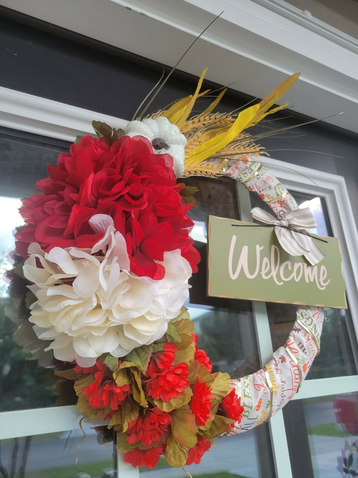 WELCOME fall FLOWER Hydrangeas cat tail burlap WREATH autumn Decor Front Door
