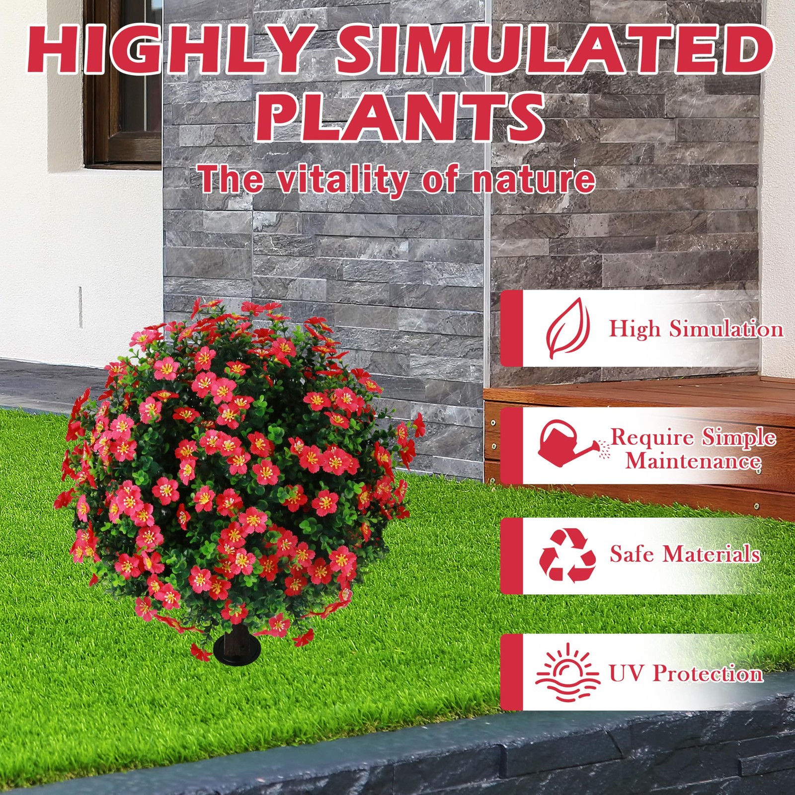 Sunnyglade Set of 2 Artificial Boxwood Topiary Ball Trees with Red Flower, Fa…