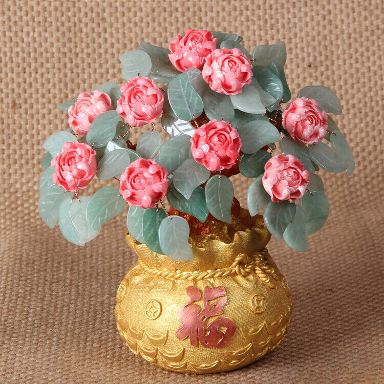 Feng Shui Stone Jade Money Tree Bonsai Luck Wealth Decoration Flower Tree Pot