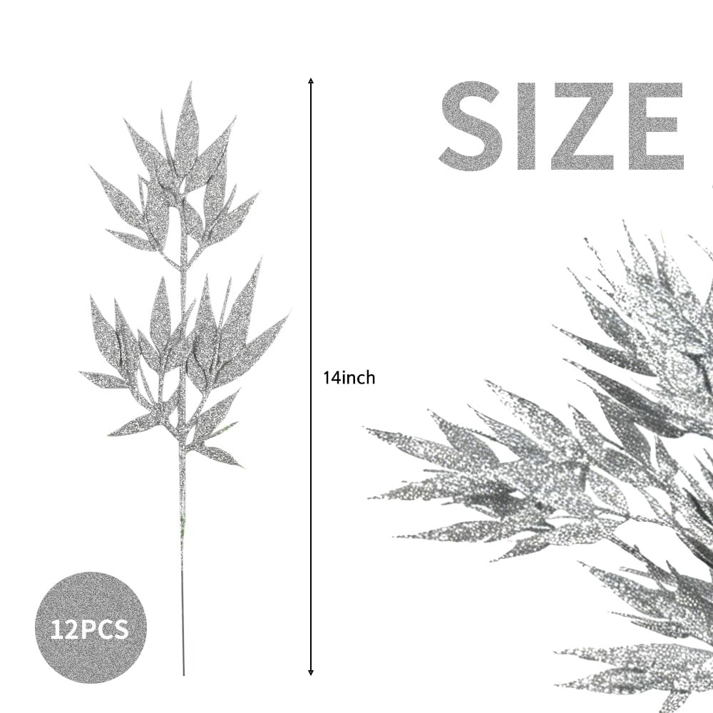 Artificial Silver Glitter Leaf Stems, Indoor Home Decor, Plastic, 13 Inches, …