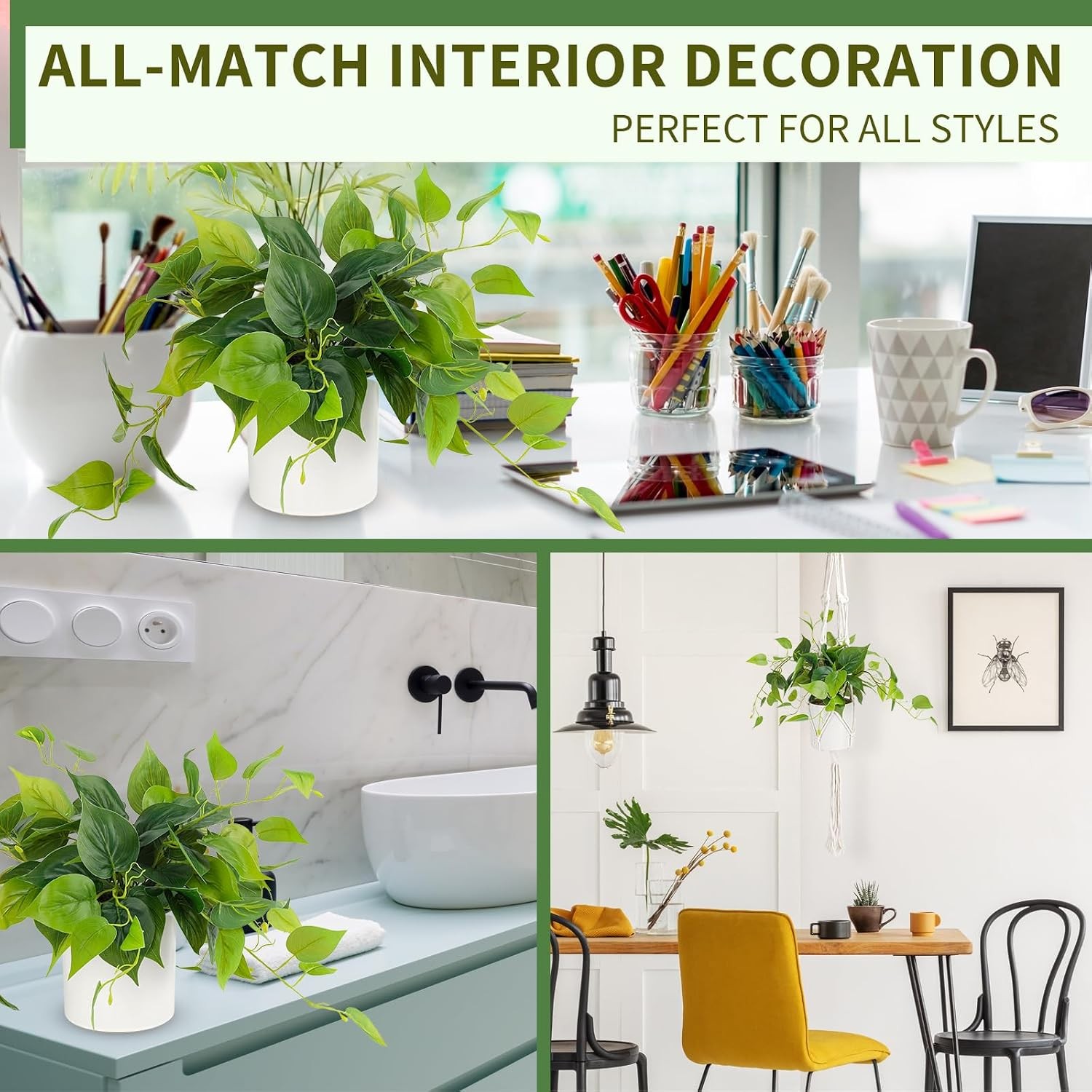 Small Faux Pothos Plant, Indoor Pot with White Ceramic for Shelf Decor