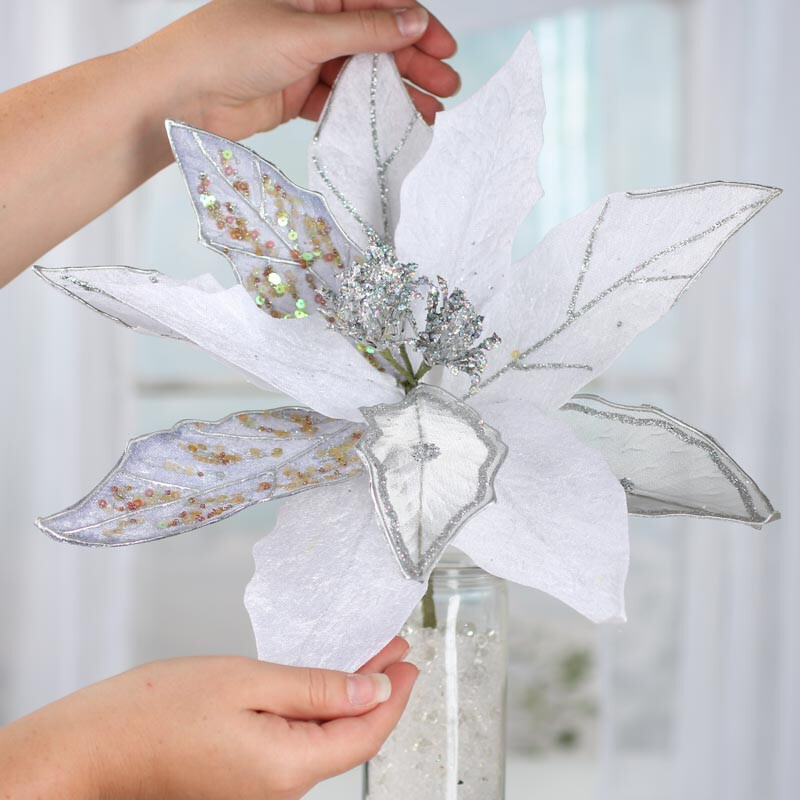16″ Silver and White Velvet and Mesh Artificial Magnolia Leaf Stem
