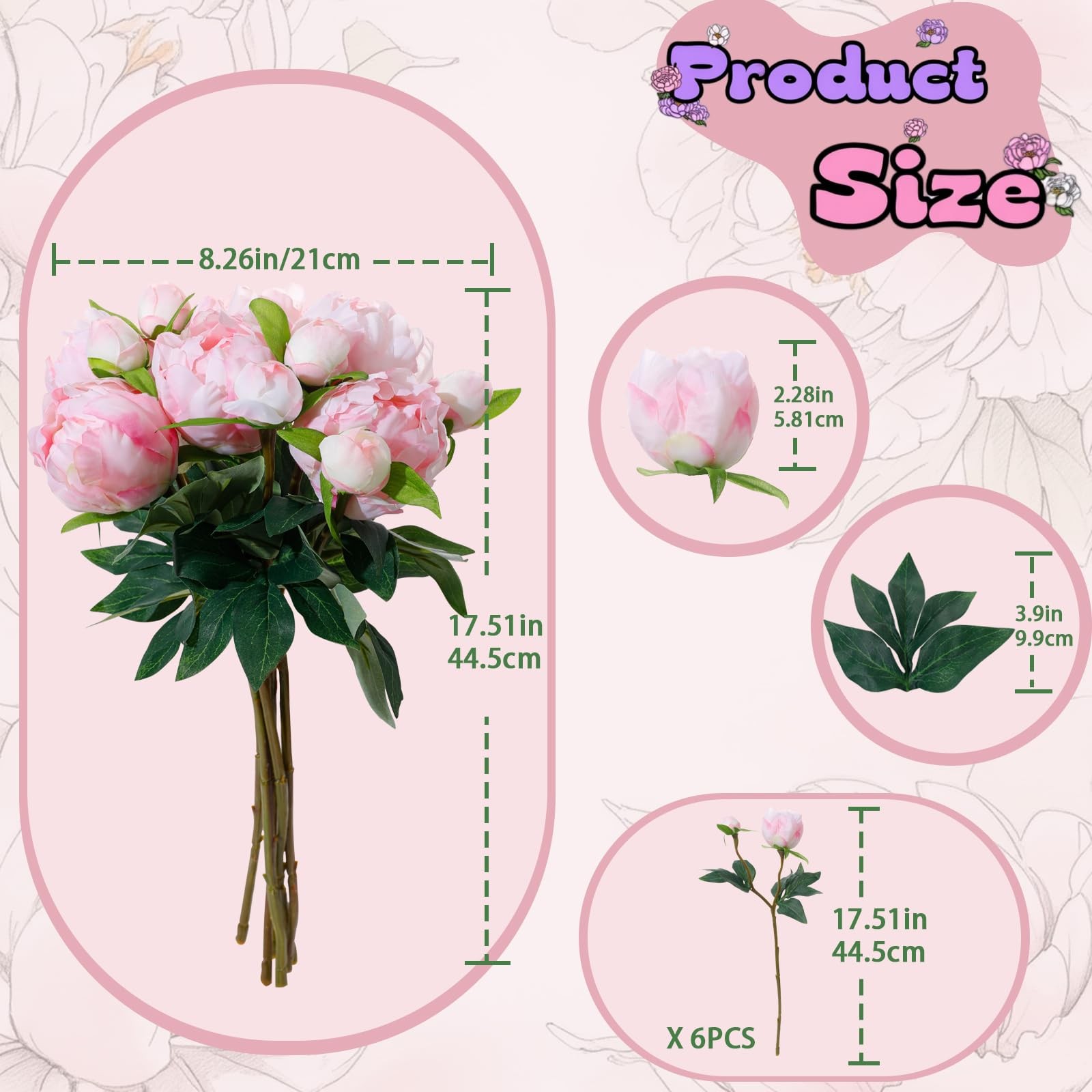 6PCS Pink Peonies Artificial Flowers, Realistic 2 Heads Silk Peonies with Ste…
