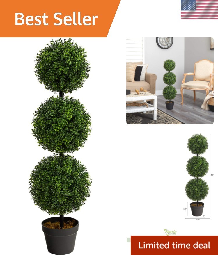 36in Artificial Triple Ball Boxwood Topiary Tree – Indoor Outdoor Realistic F…