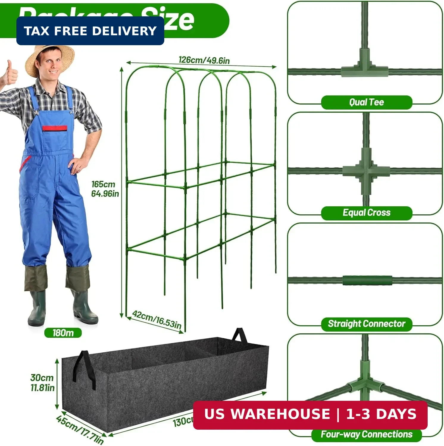 U-Shape Cucumber Trellis with Fabric Raised Garden Bed 65×50 Inch Metal Garden A
