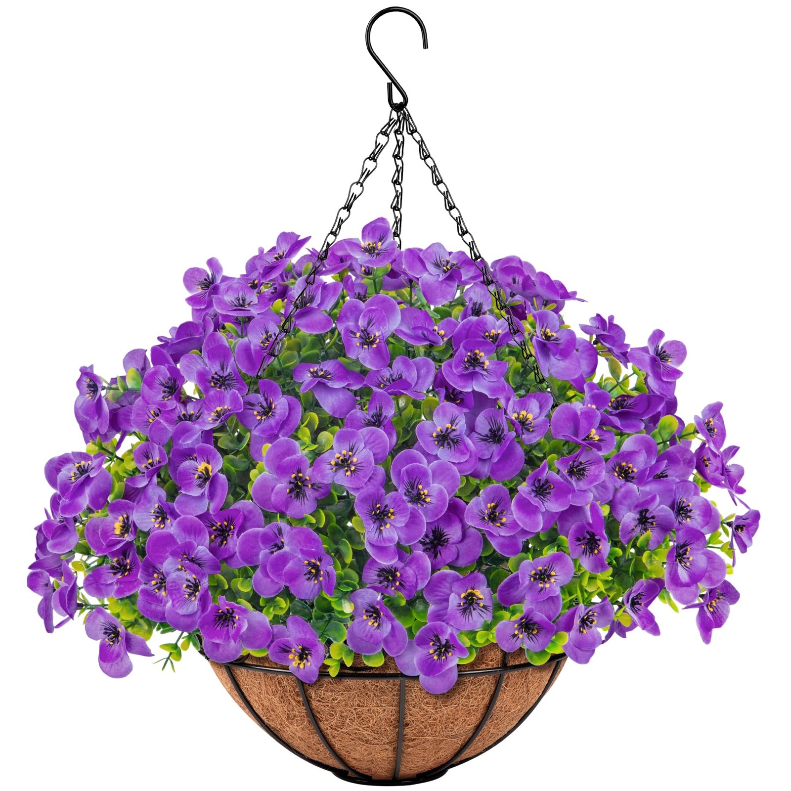 Artificial Hanging Pansy Flowers with Baskets for Outdoors, Purple