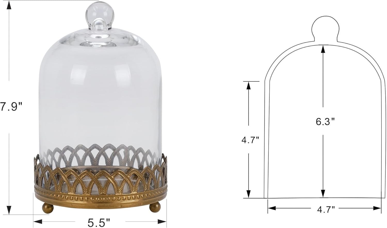 Twakutwku 8″ Tall Large Sturdy Handmade Glass Cloche Dome with Metal Base in Gol