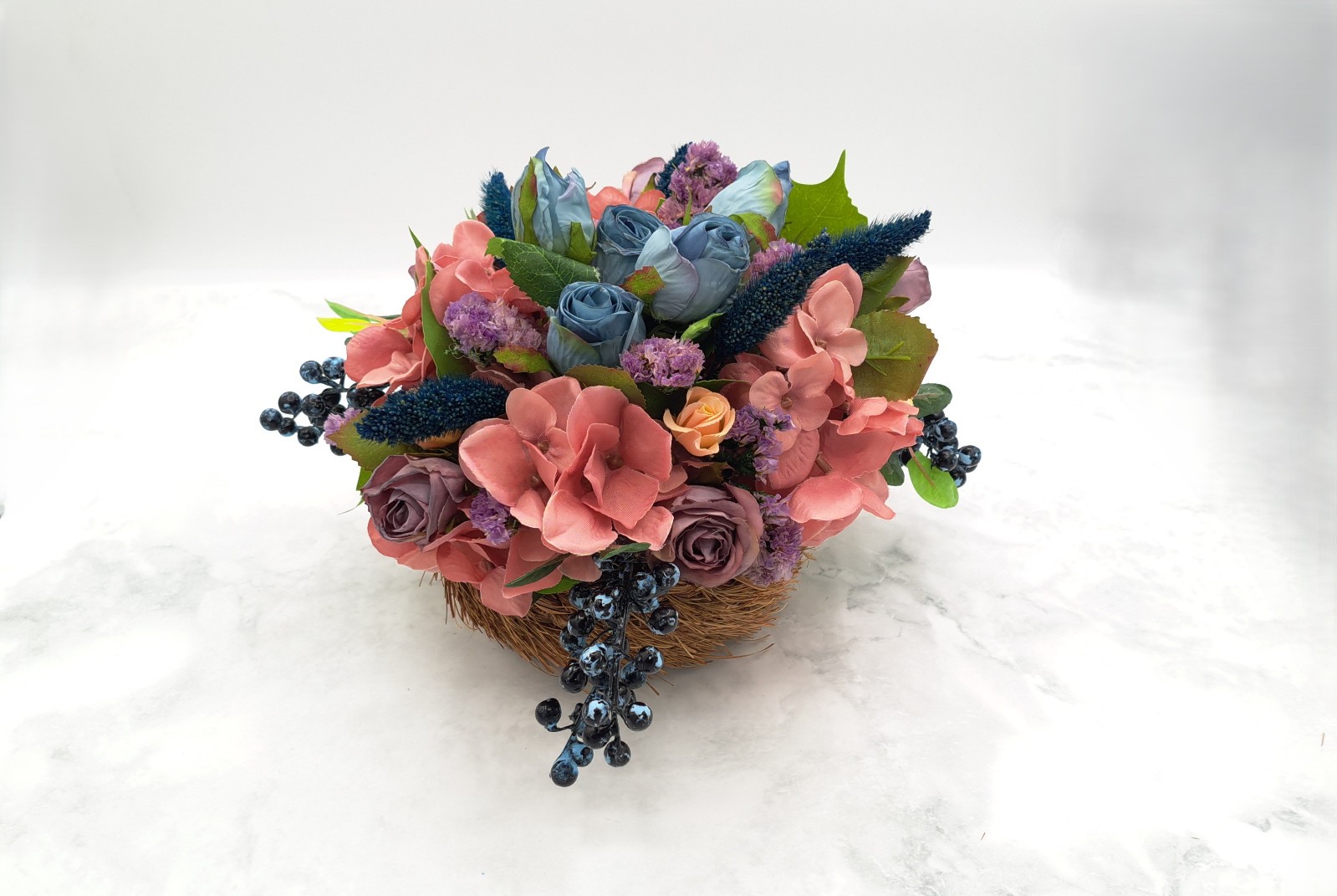 Handmade Blue Rose Blueberry Dried/Silk Flower Arrangement w/ Vintage Basket