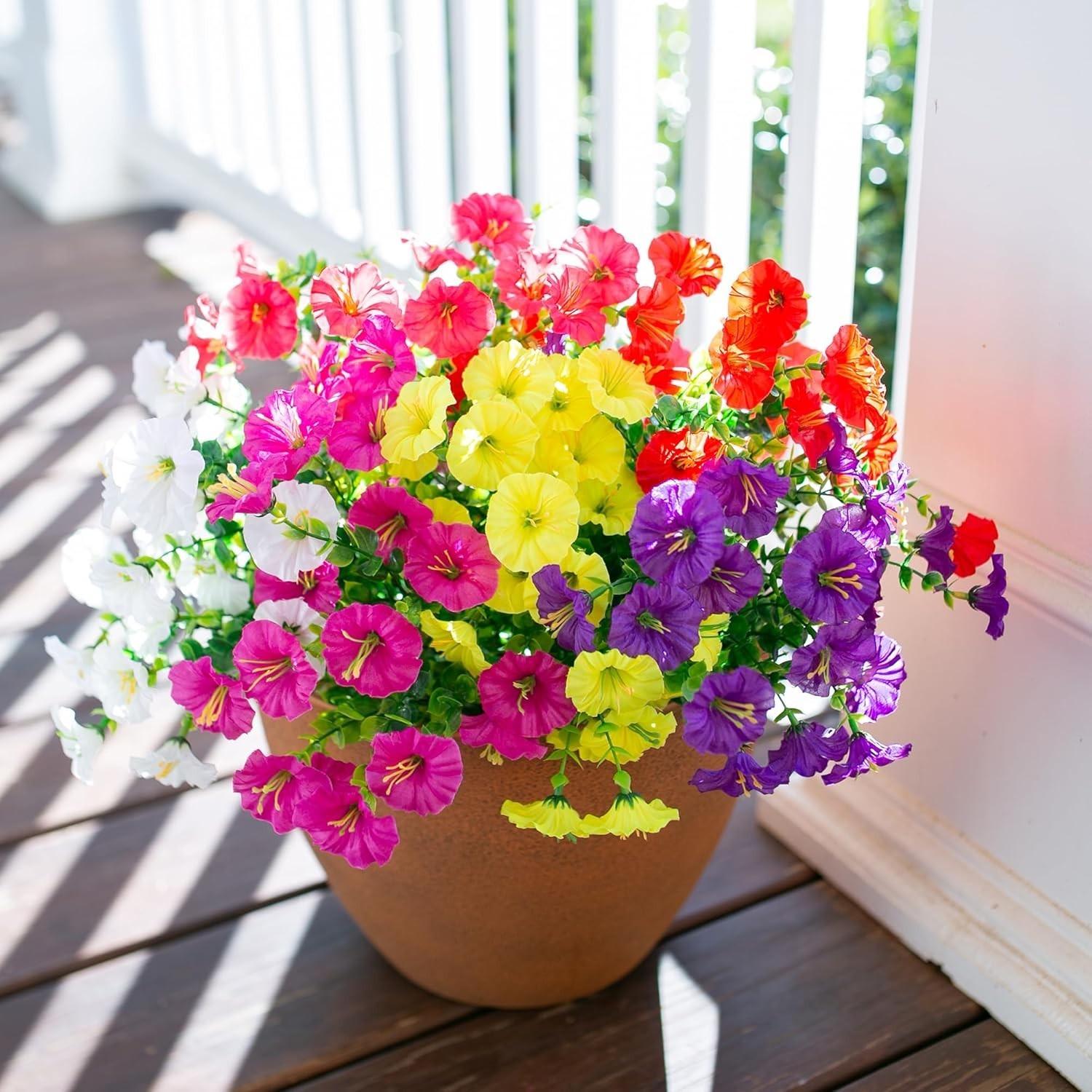 All-Season Artificial Outdoor Flowers – 12 Bundles of Morning Glory & Eucalyptus