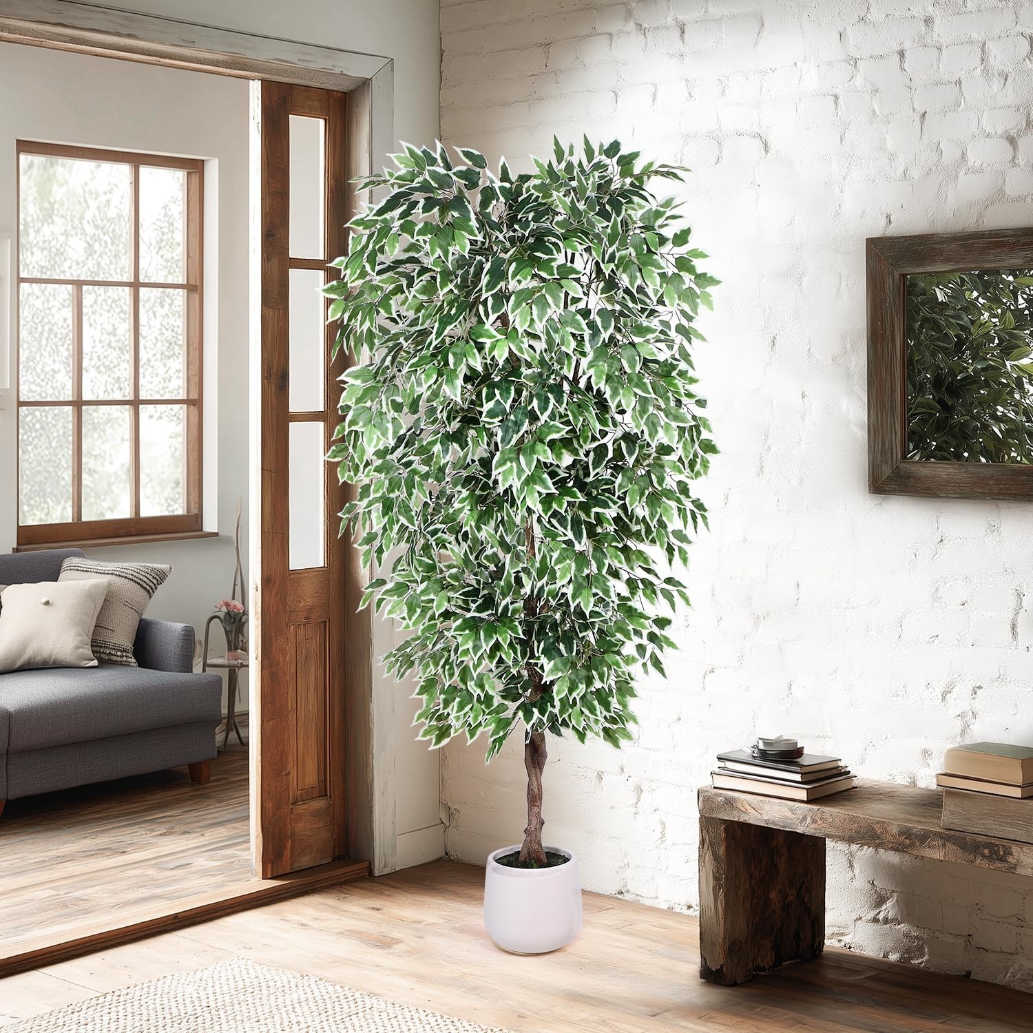 Jocoevol 7FT Artificial Ficus Tree with White Planter, Dried Moss, Natural Silk
