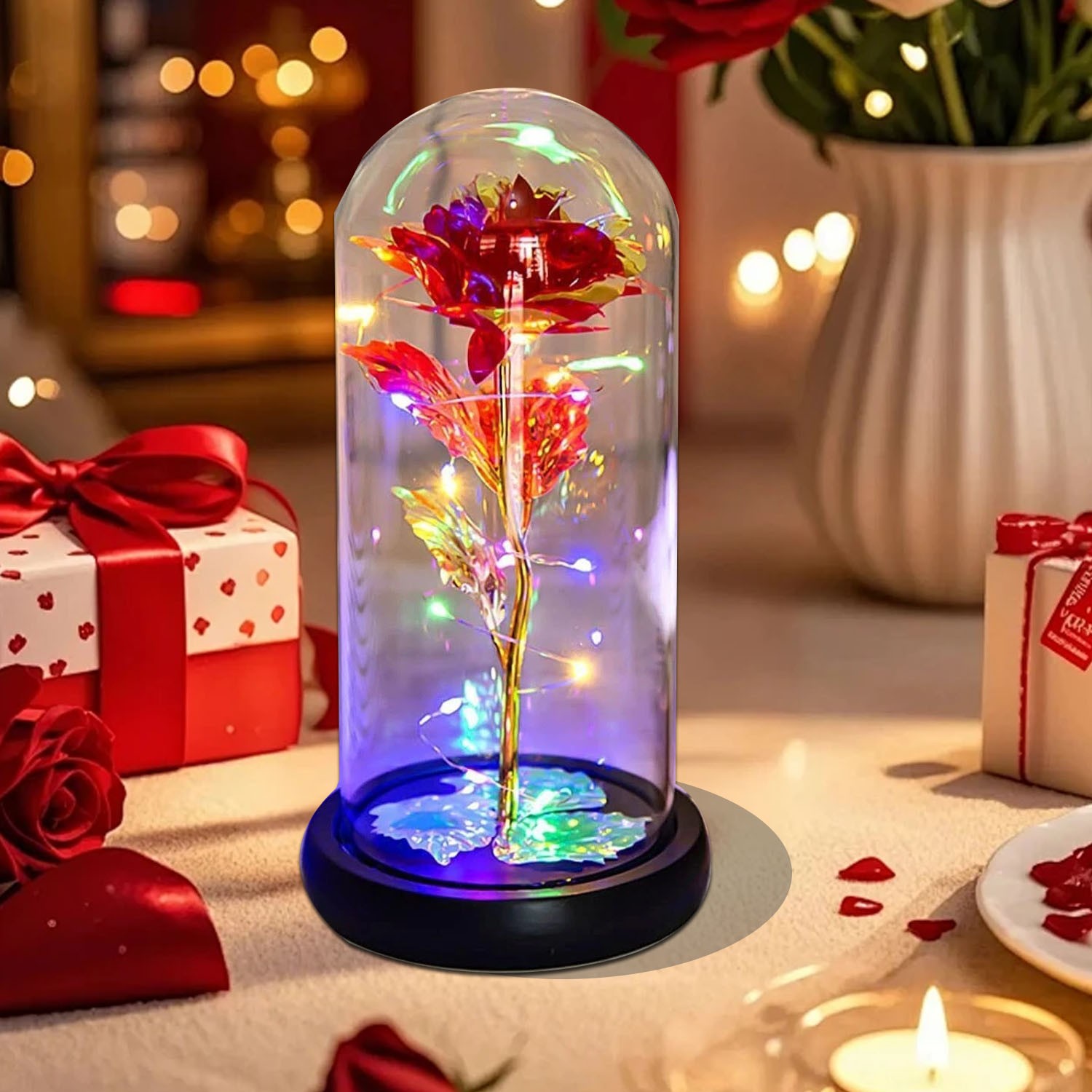 Enchanted Forever Rose Flower In Dome Glass LED Night Light Anniversaries Gift
