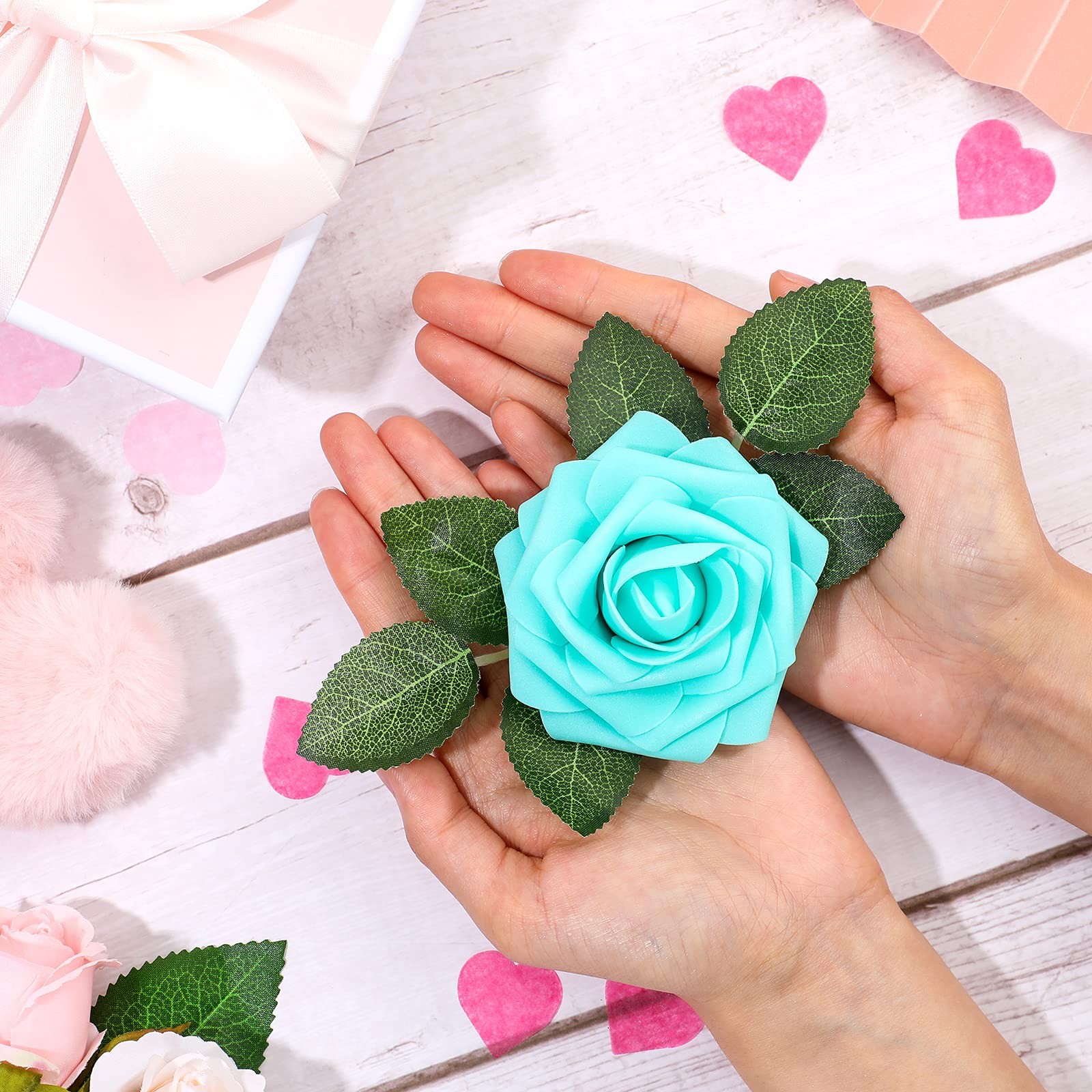 Artificial Foam Rose Flowers Vintage Fake Roses DIY Bouquets with Leaves and …