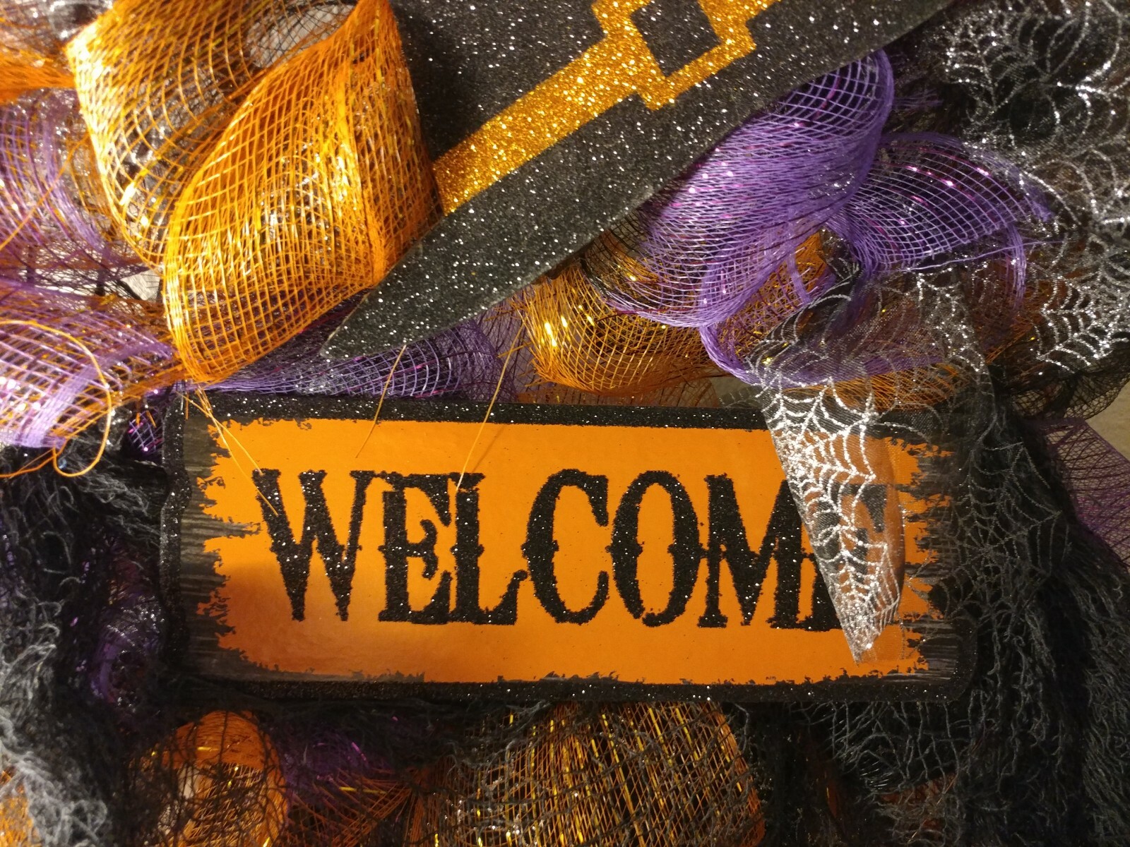 Fall – Halloween Witch Wreath, Handmade Deco Mesh, Welcome, Purple Orange