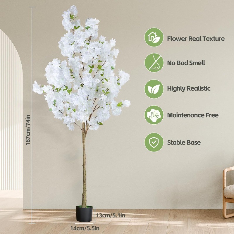 6Ft Tall White Artificial Cherry Blossom Tree,Faux Tree with Plastic Nursery Pot