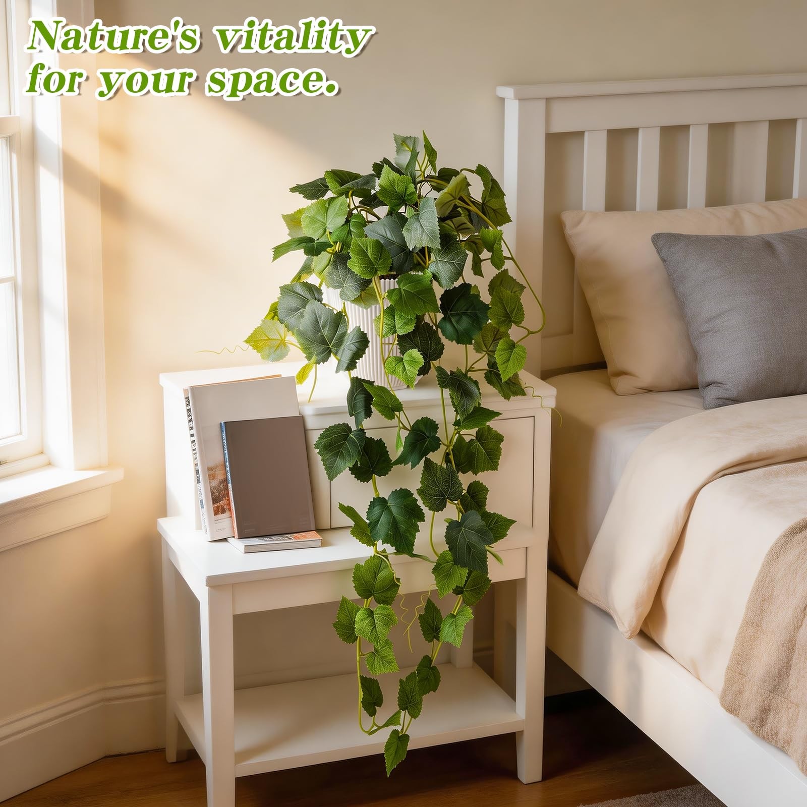 34in Fake Hanging Plants, Artificial Silk Ivy Vines with White Pots, Artifici…