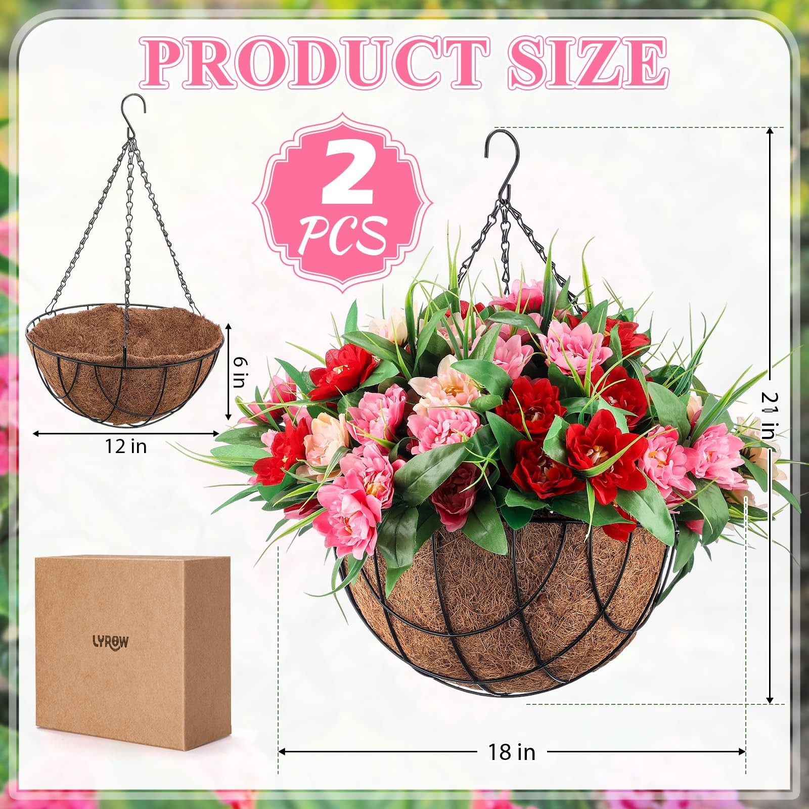 Lyrow 2 Pack Artificial Hanging Basket Flowers for Porch Home Yard Decoration…