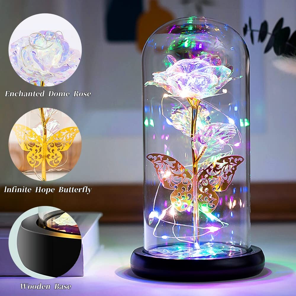 ORORANY Forever Plastic Rose gift Glass Rose Flower and butterfly free ship