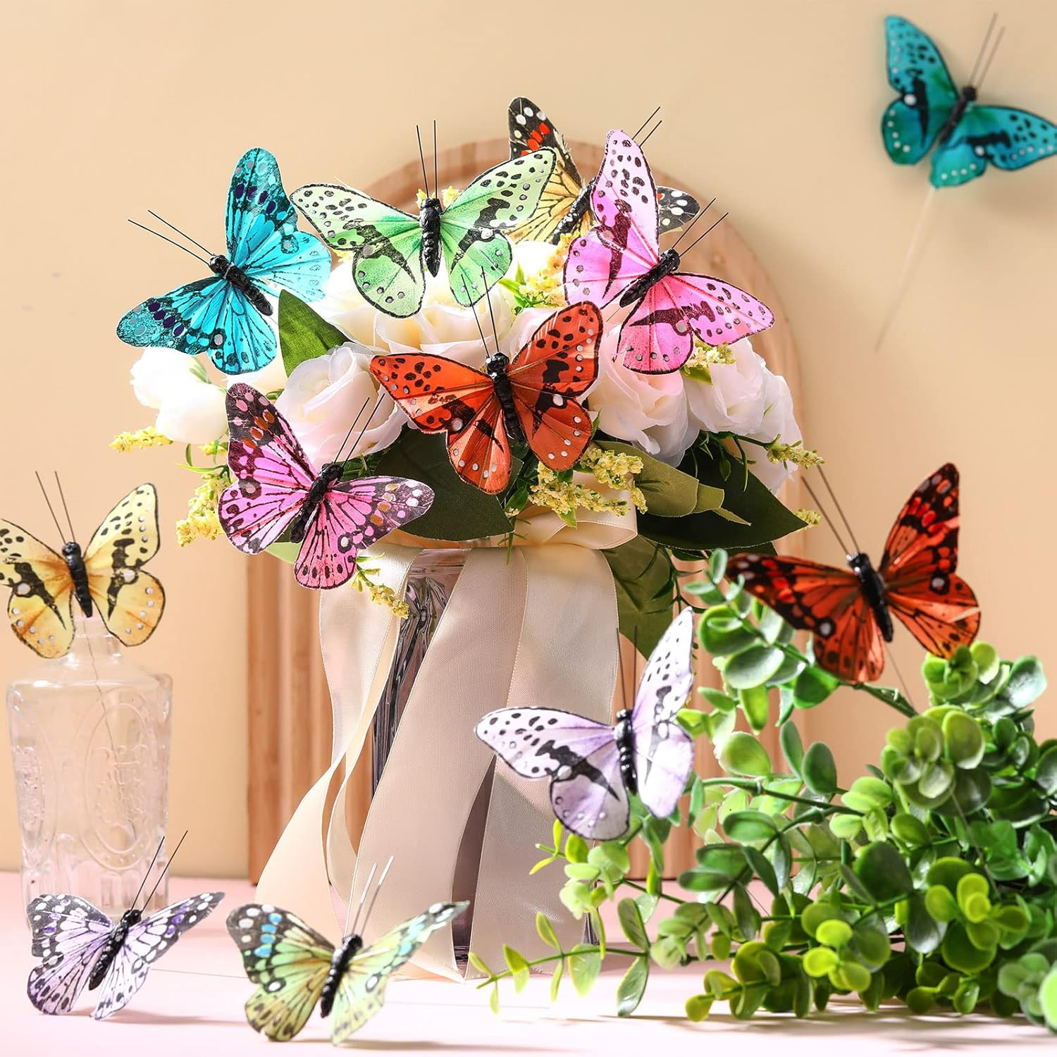 12 Set Monarch Butterfly Decoration Artificial Butterflies Feather Picks with Wi