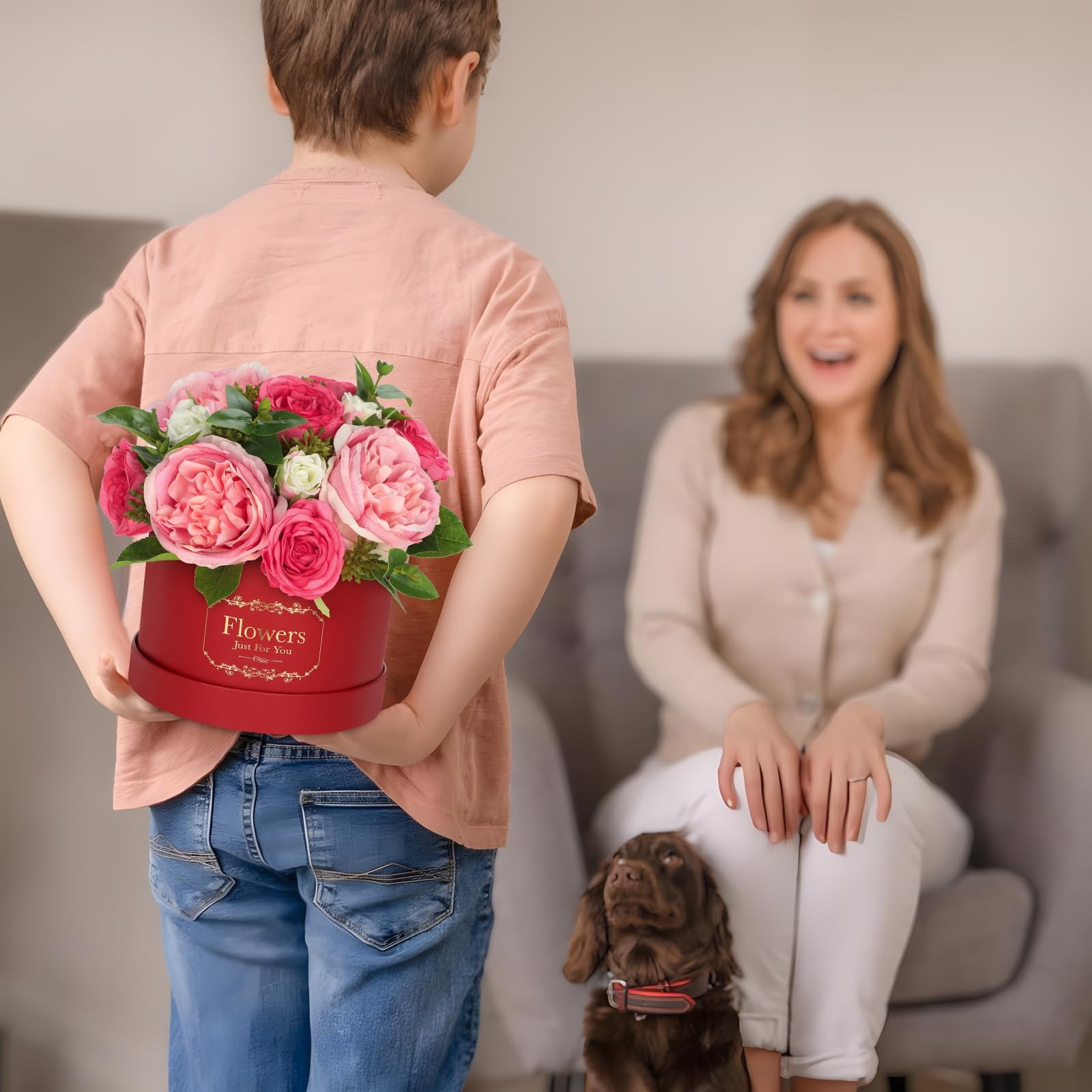 Red Pink Artificial Peonies Roses in Vase Round Gift Box Floral Arrangement