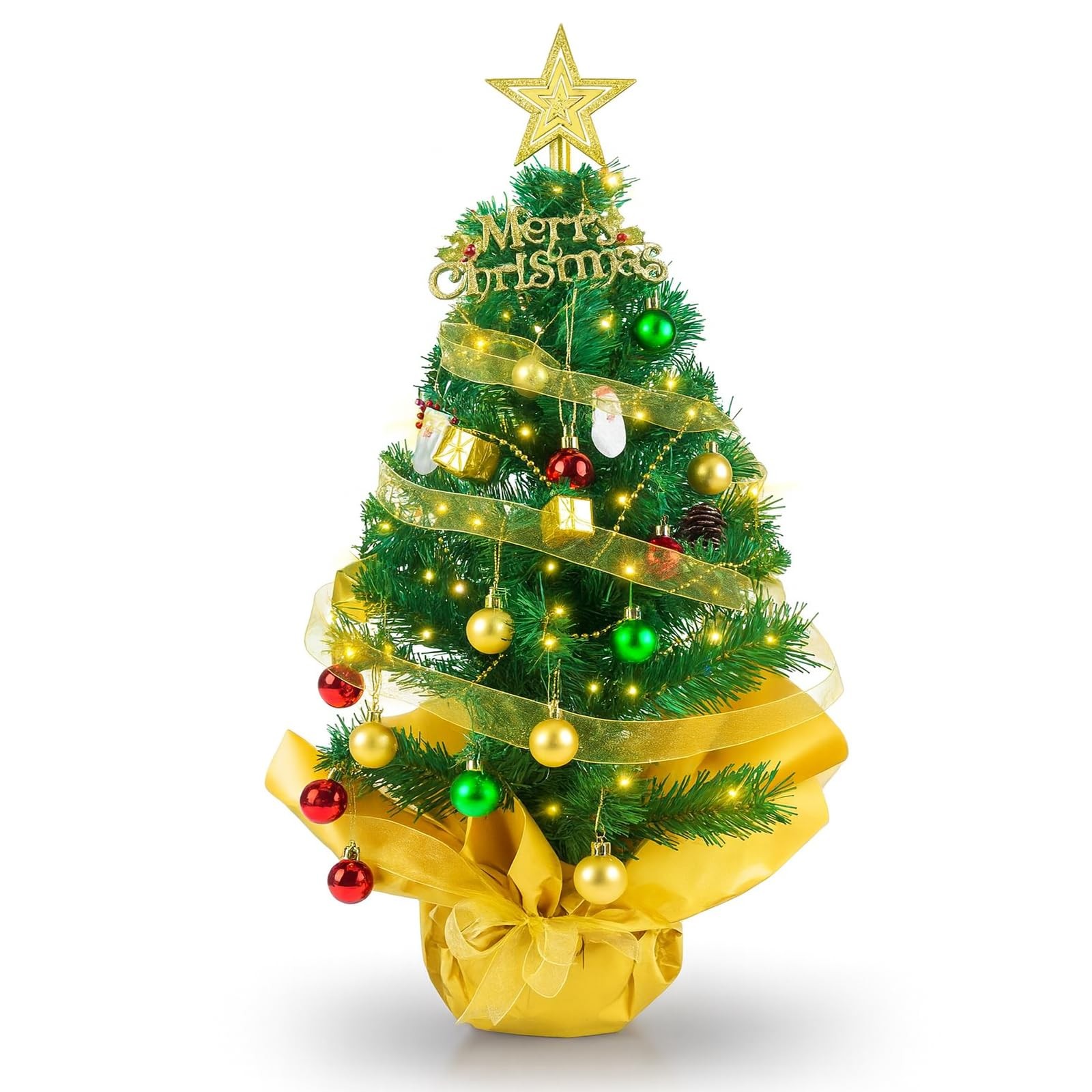 23 Inch Mini Tabletop Christmas Tree Lights Star Topper Hanging Ornaments