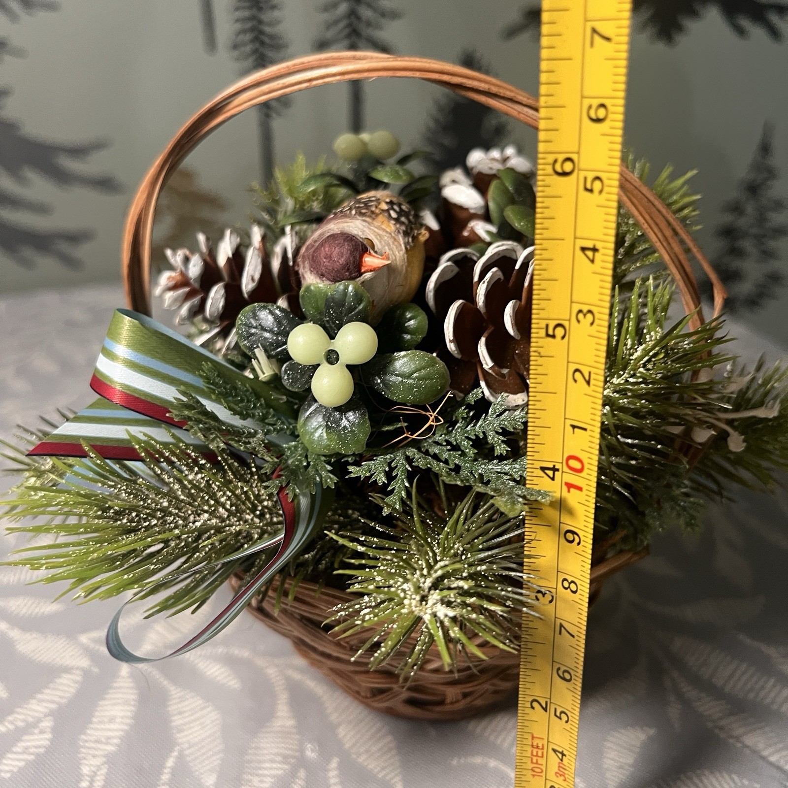Festive Artificial Christmas Floral Arrangement In Small Round 6” Woven Basket