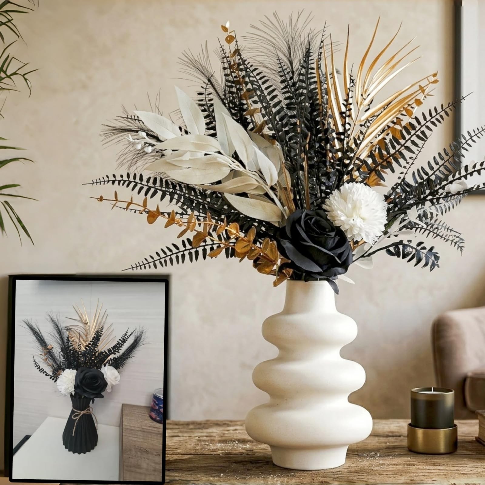 Gothic Artificial Flower Bouquet 17Inch Black Roses Gold Metallic Fern 13pcs