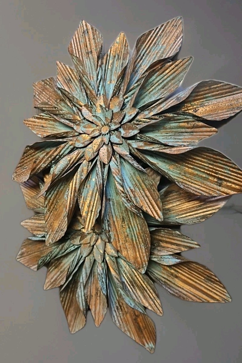 Metal 2 Pc 16″ Hanging Flowers with Rust/Gold/Teal Accents, Quality Textured