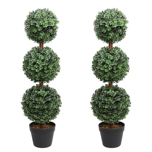 Artificial Topiary Ball Tree, 35inch Fake Topiaries Triple Ball Dark Green