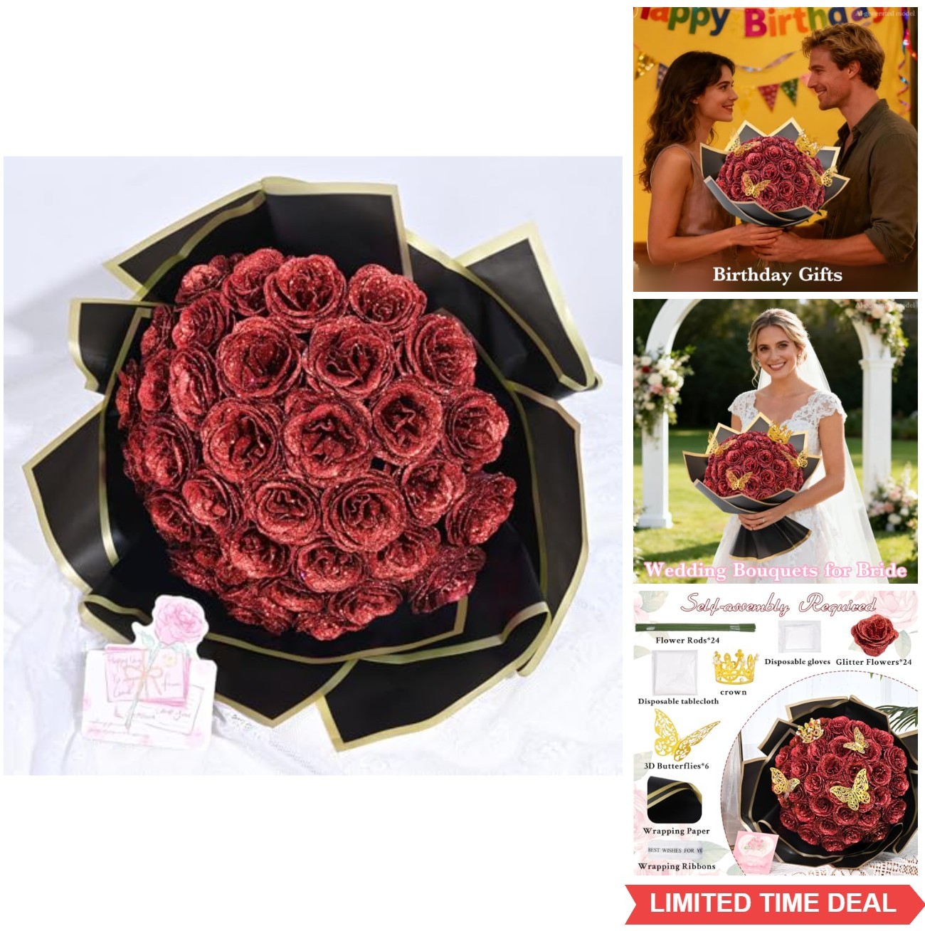 DIY Glitter Roses Bouquet 24 Pcs Red Artificial Silk Flowers for Birthday