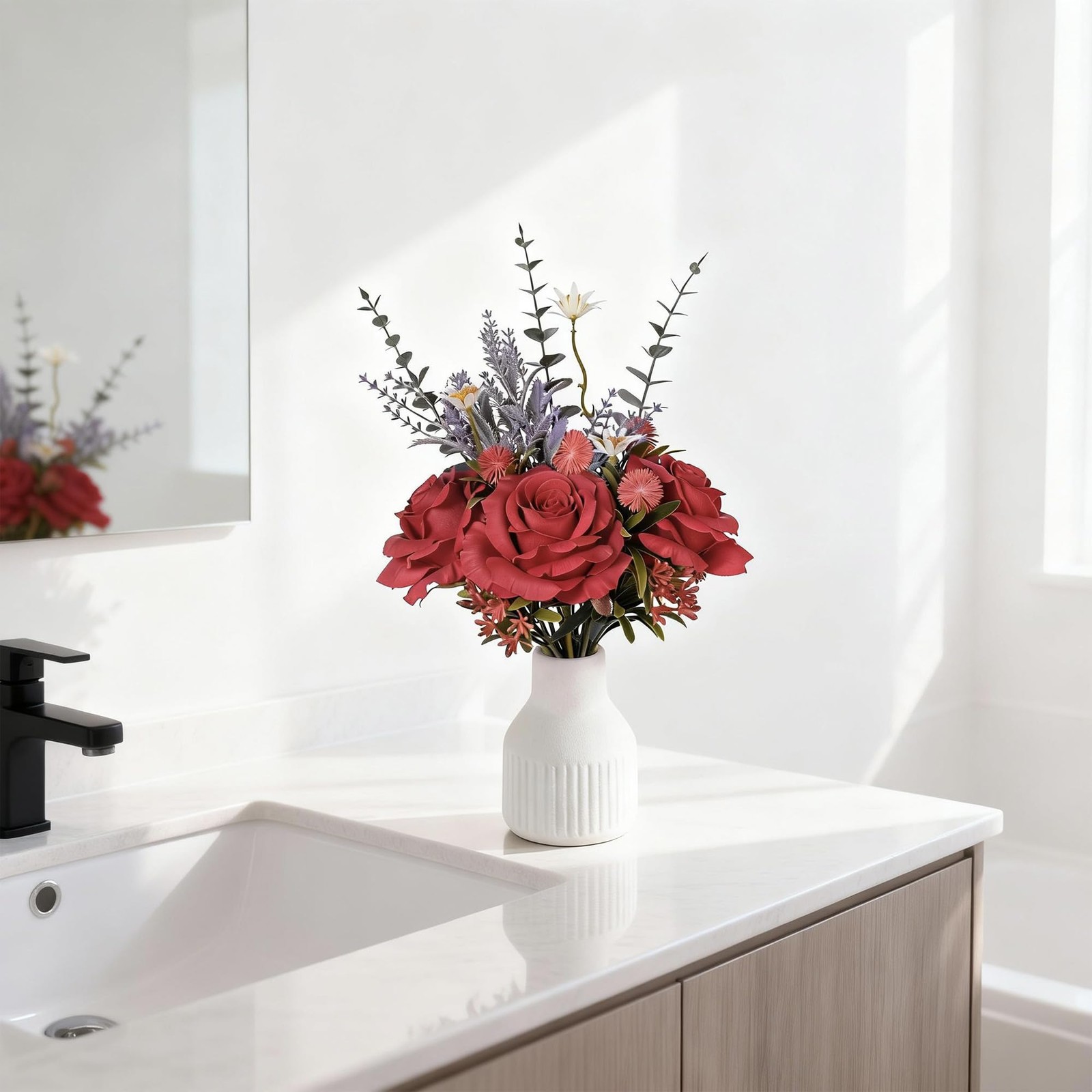 Artificial Rose Flower Arrangement in White Ceramic Vase, Silk Roses with Euc…