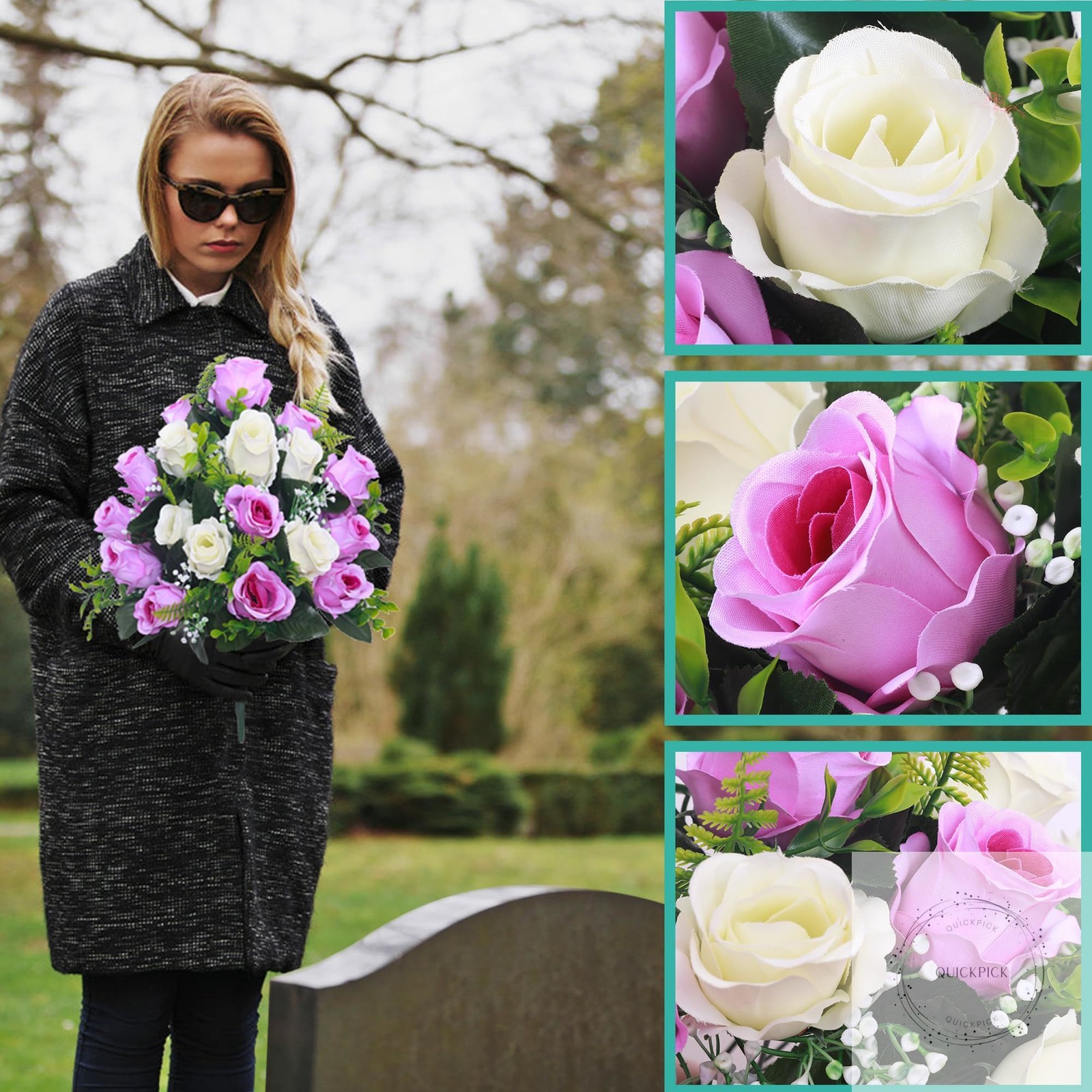 Artificial Cemetery Flowers,Set of 2 Grave Decorations Roses, Tombstone Memorial