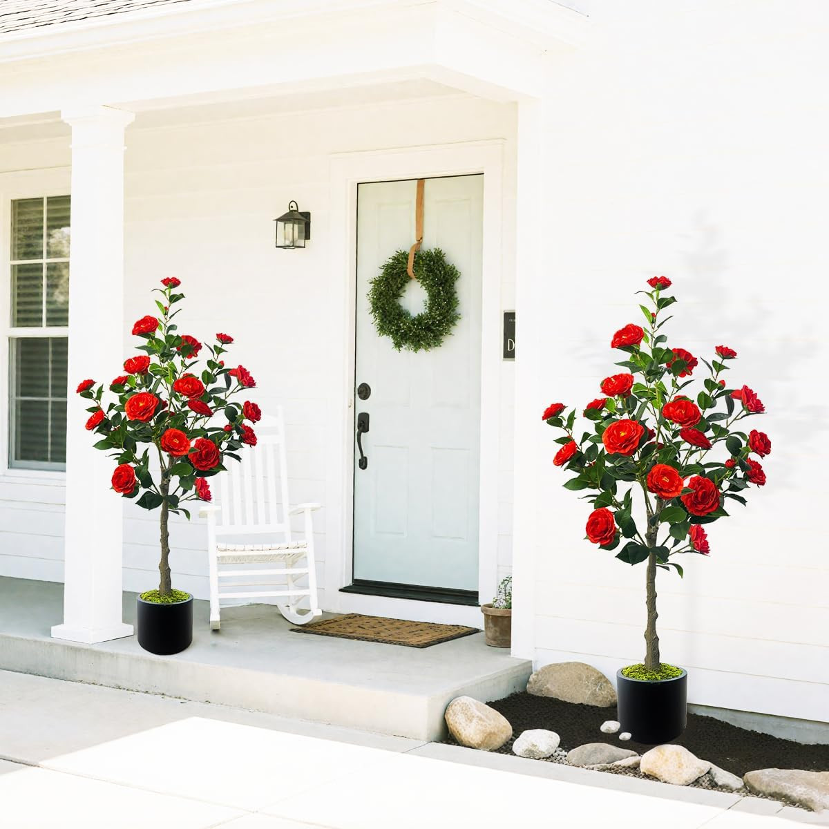 48” Red Flower Artificial Camellia Tree – 2 Pack Faux Silk Plants for Home Deco