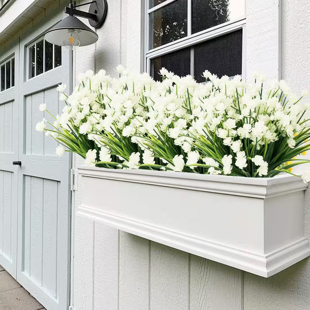12.6 In. White 8 Bundles Plastic Flowers Outdoor Artificial Fake Flowers, Outdoo