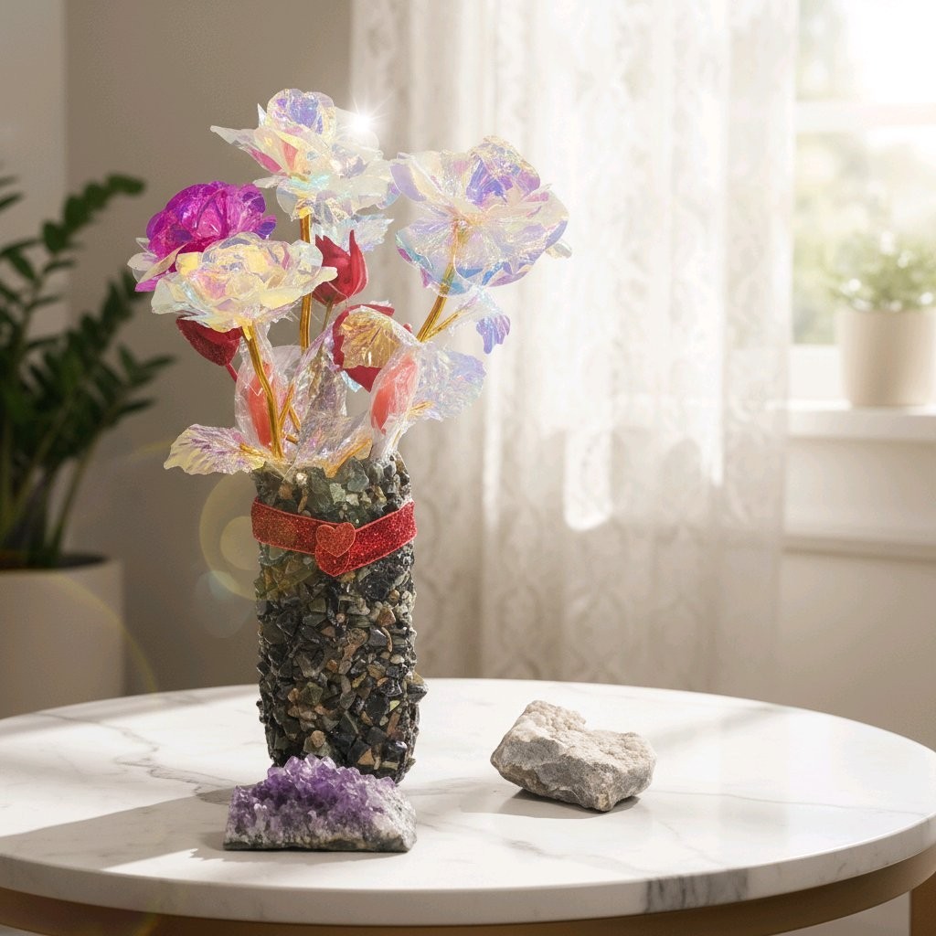 Floral Arrangement With Vase And Lights-New-Hand Crafted