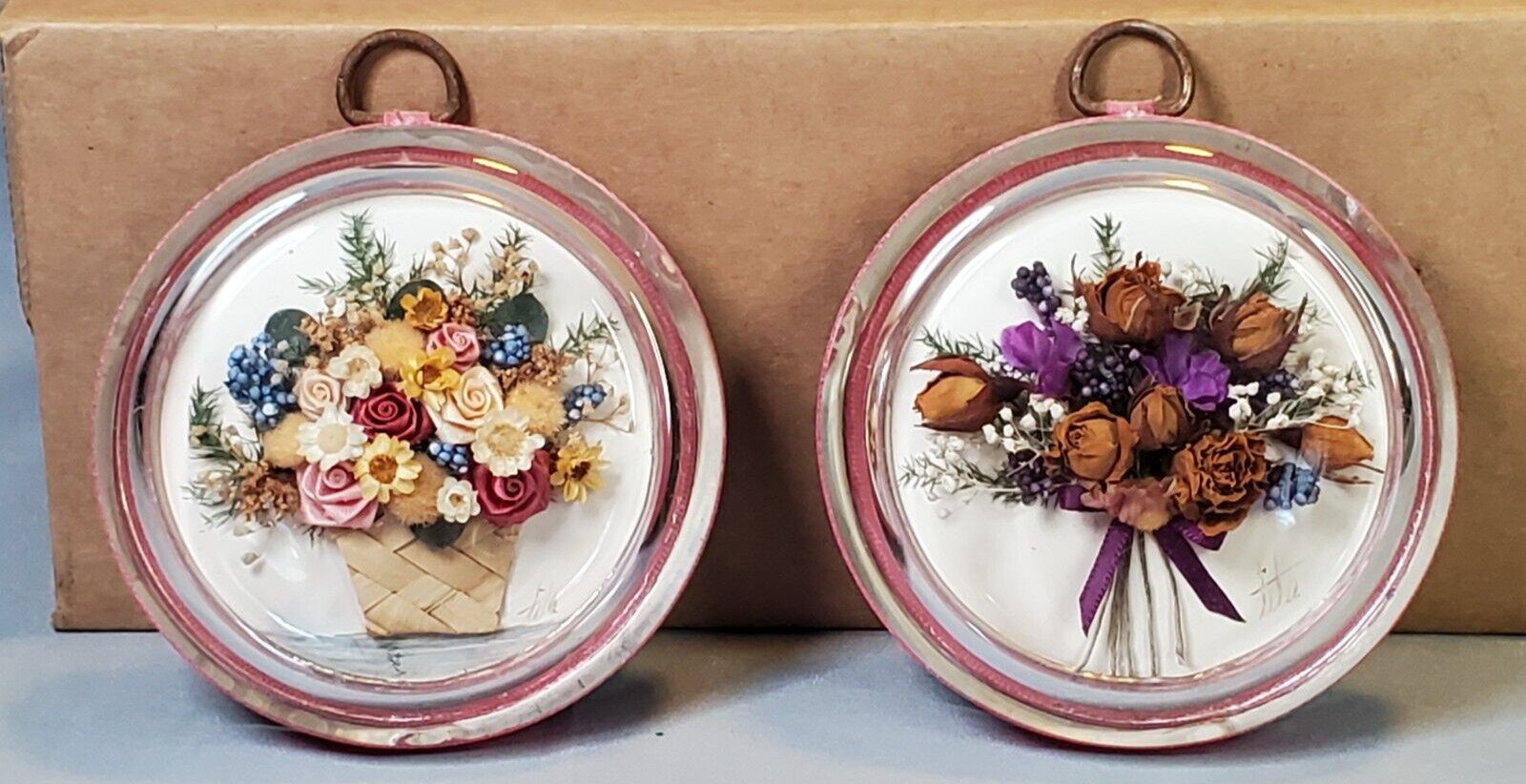 Convex Glass Bubble Dried Floral Silk Ribbon Floral Wall Art Shabby Elegance Set