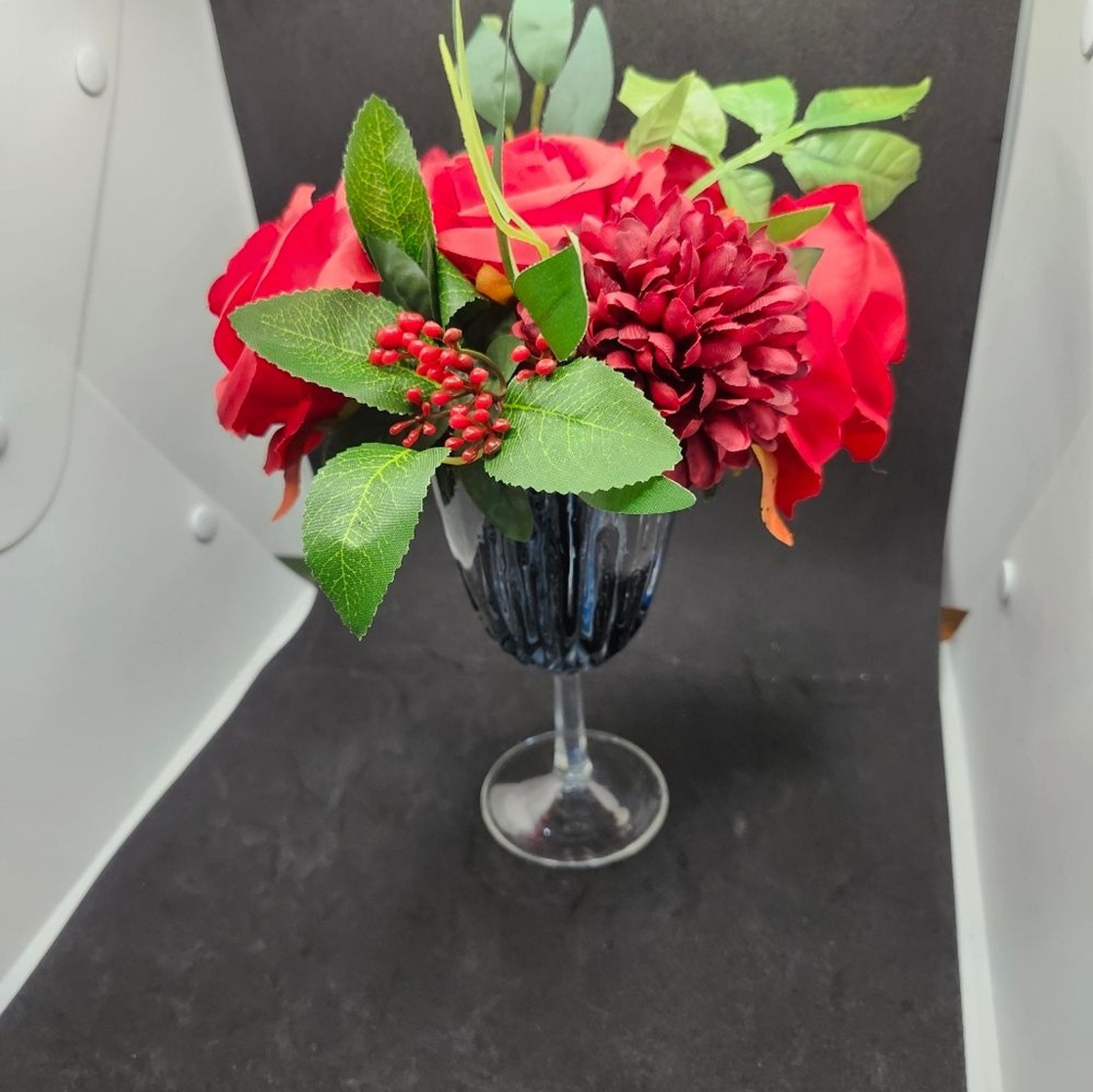 Hand Crafted Floral Table Centerpiece Summer Red Roses Flower Wine Glass