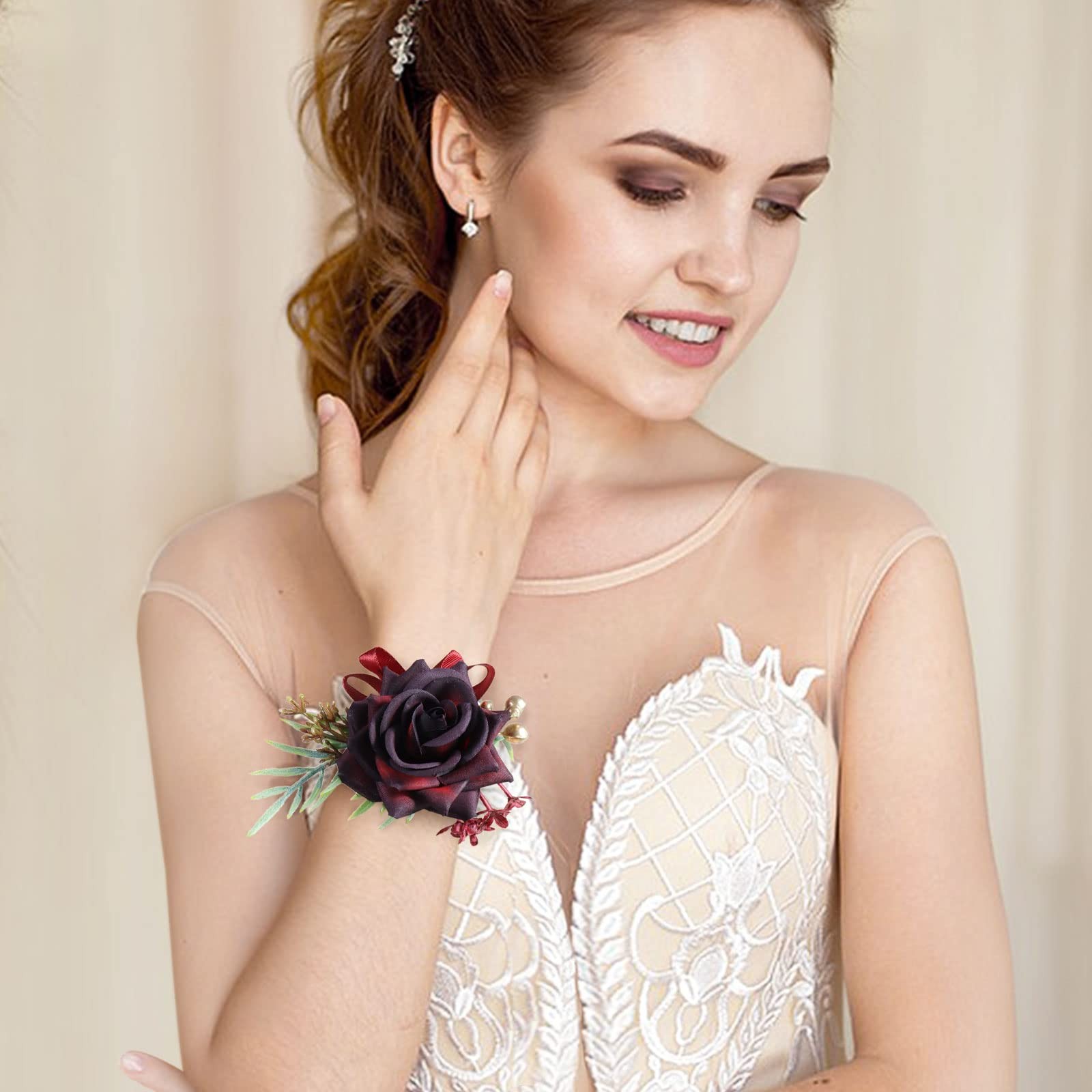 Wrist Corsage and Boutonniere Set, Wine Red Rose Boutonniere Wrist Corsage fo…