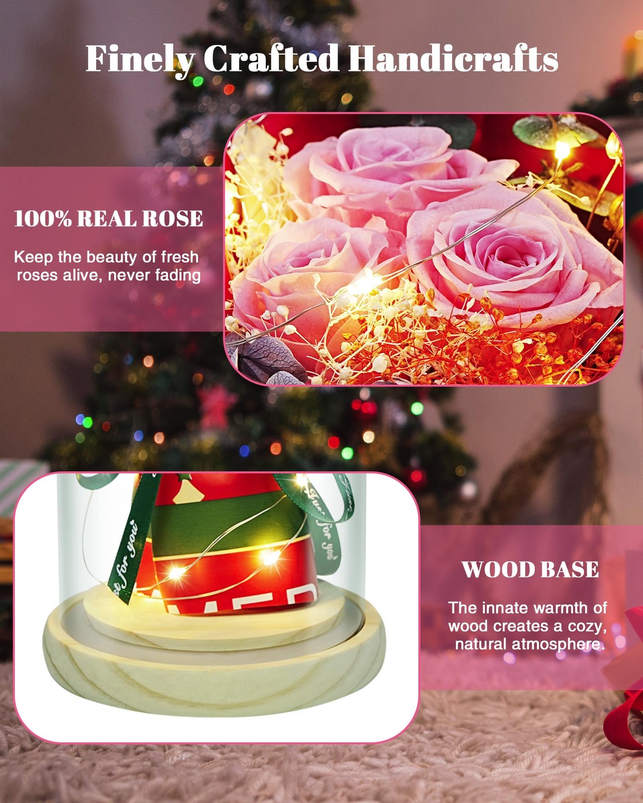 HVY Preserved Flowers in Glass for Her,Pink Real Rose Bouquet with LED Light,Ete