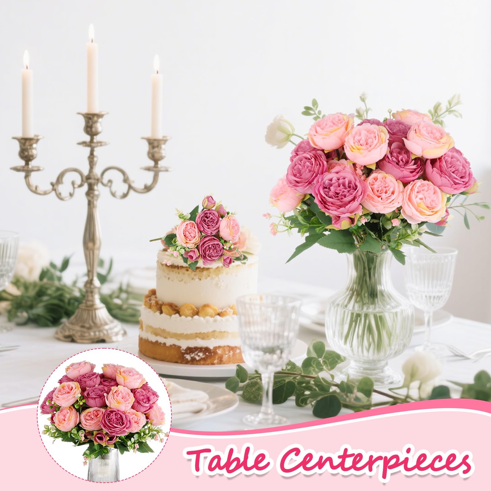 12 PCS Pink Artificial Peony Flowers Silk Fake Bridal Bouquet Home Centerpiece