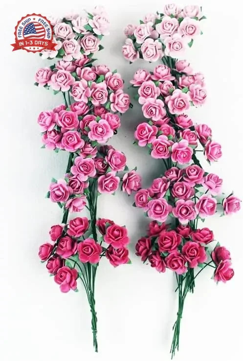 100 pcs Tiny Artificial Roses Mixed Pink Five Color Mulberry Paper Flower 15-18