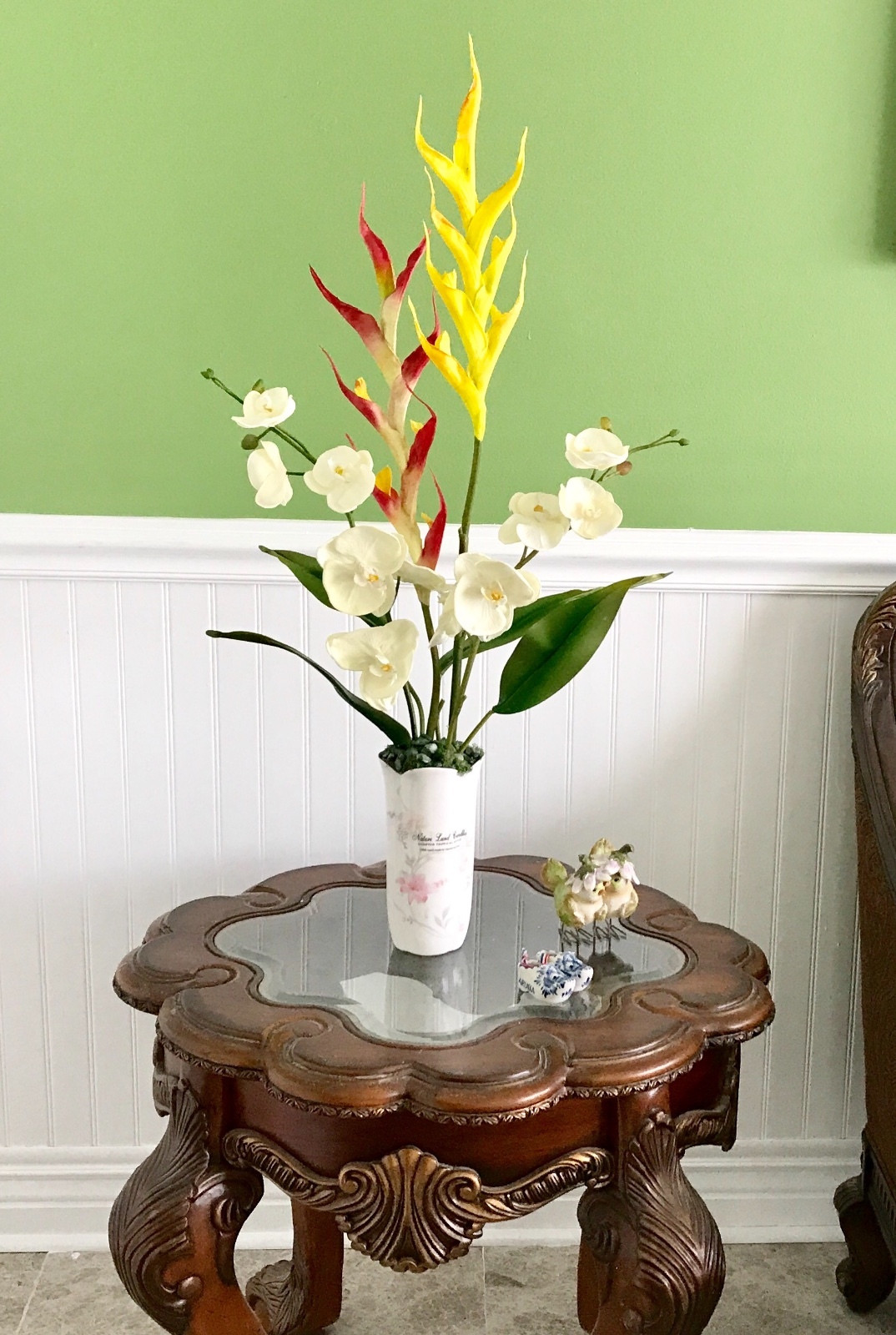 Silk White Orchids with Yellow and Red Dragon Floral Arrangement