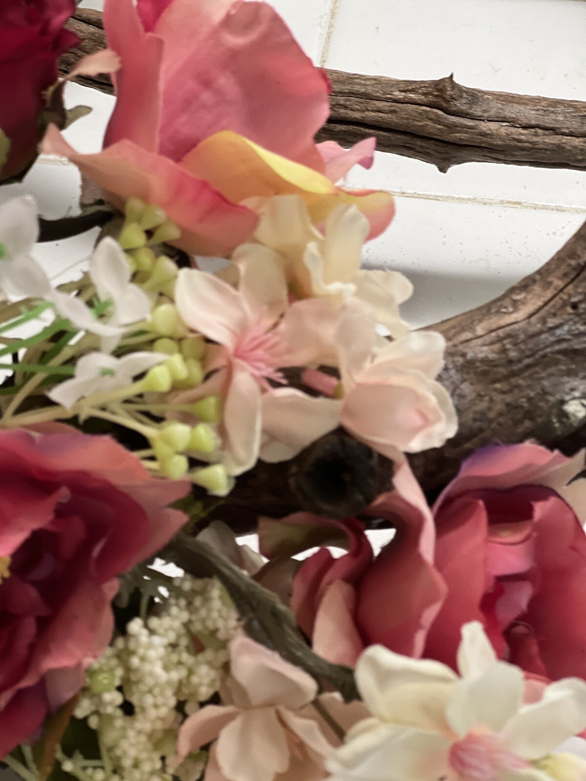ORIGINAL FLORAL DESIGN WOOD BASE, ROSES, PEACH BLOSSOMS MOSSES BABY BREATH