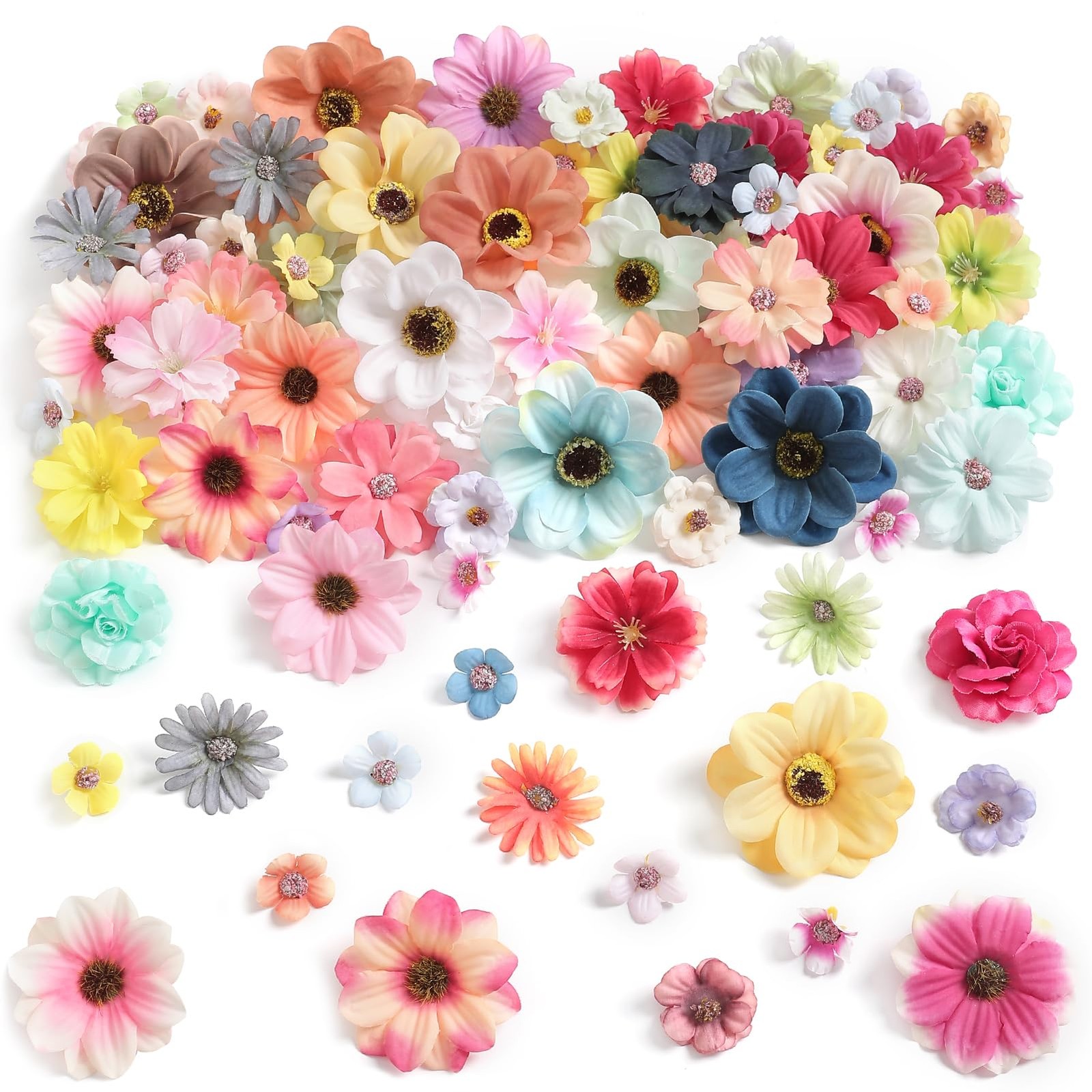 90 PCS Mini Artificial Silk Flower Heads Multicolor Peony Daisy Rose Crafts
