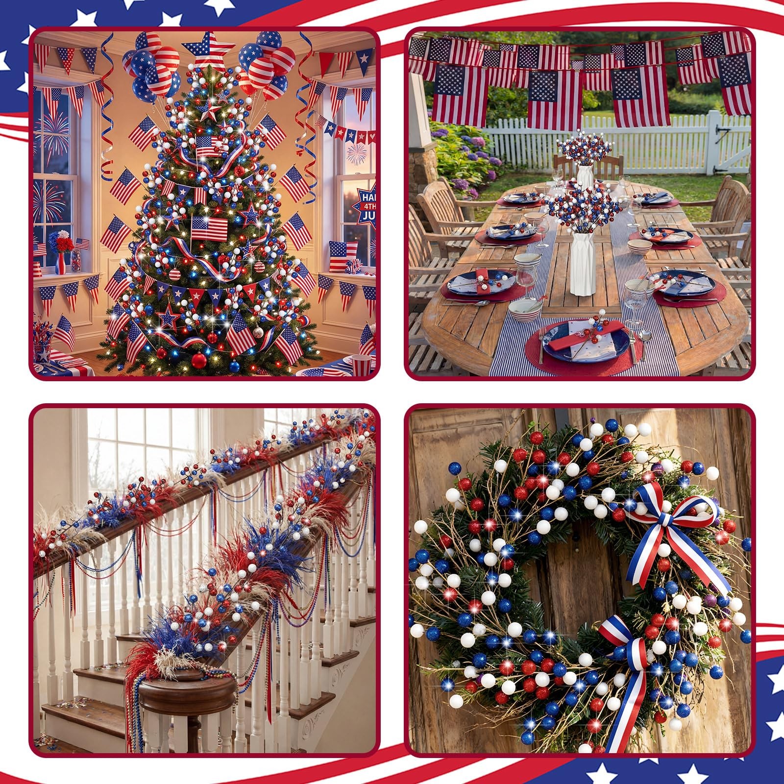 24 Pcs 9.3 Inch 4th of July Glitter Patriotic Ball Picks Red White Blue Berry…